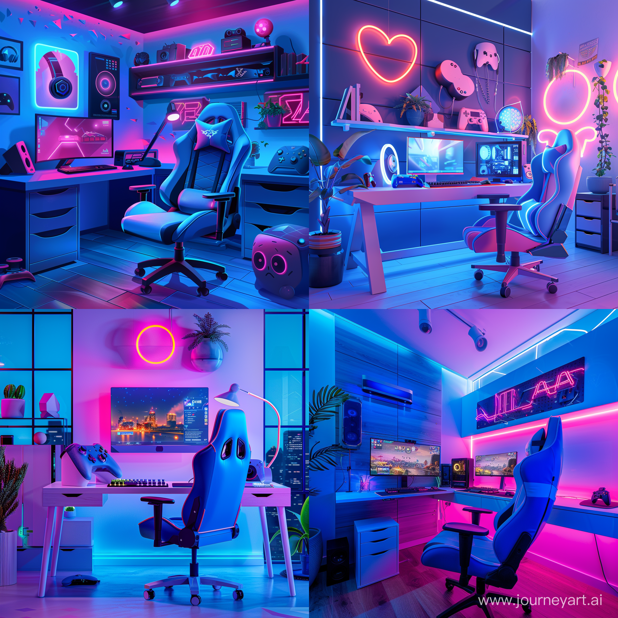 комната геймера, выполненная в голубых и розовых цветах, по освещению яркая, насыщенная, в формате 16:9, на фоне должны быть неоновые вещи