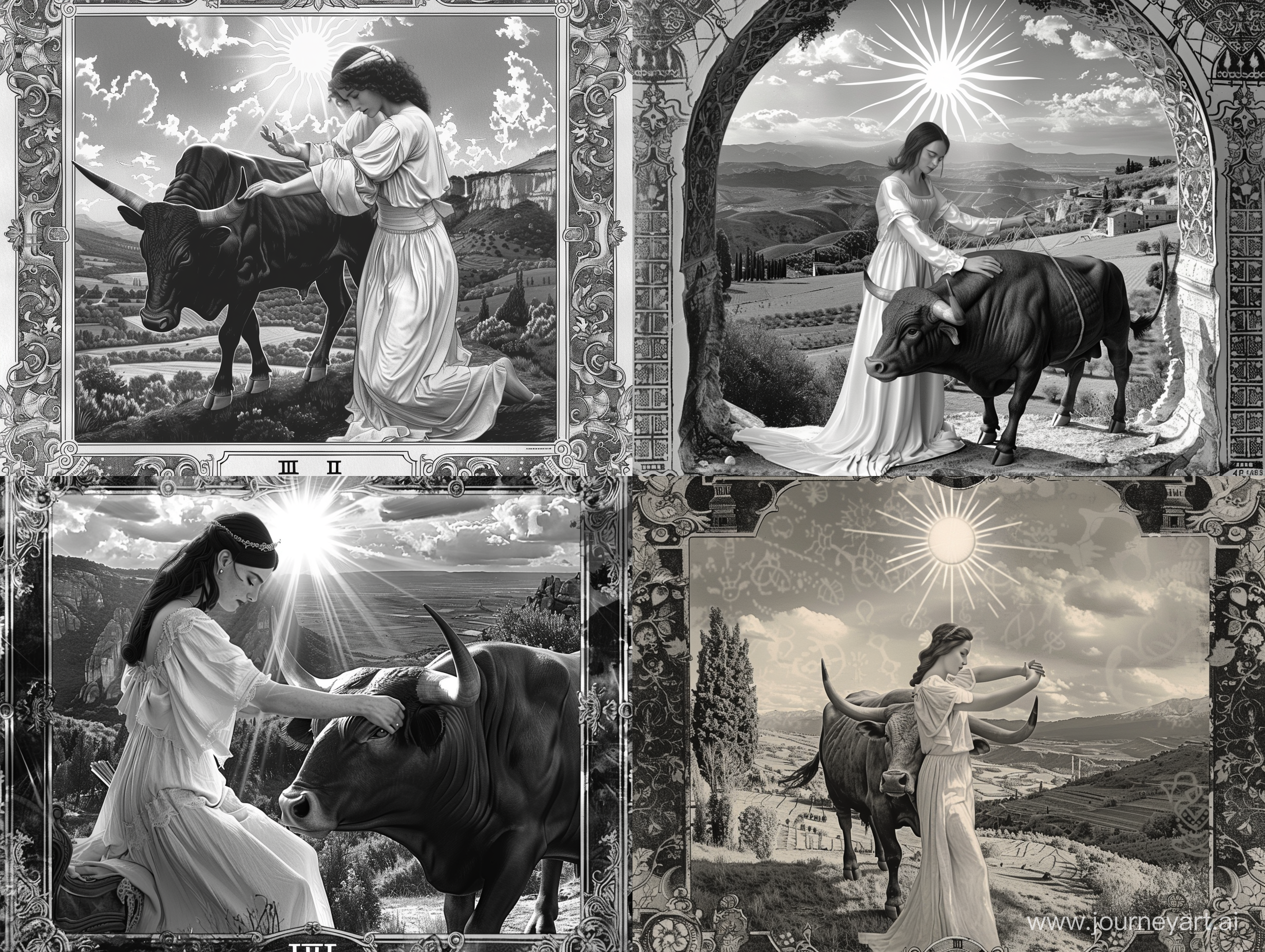 Аркан таро, на котором дева в белом гладит быка, сзади светит солнце, на фоне долина, в средневековом стиле, в стиле фрески, 4к, реалистично, прямо в камеру, вертикально, черно-белое изображение