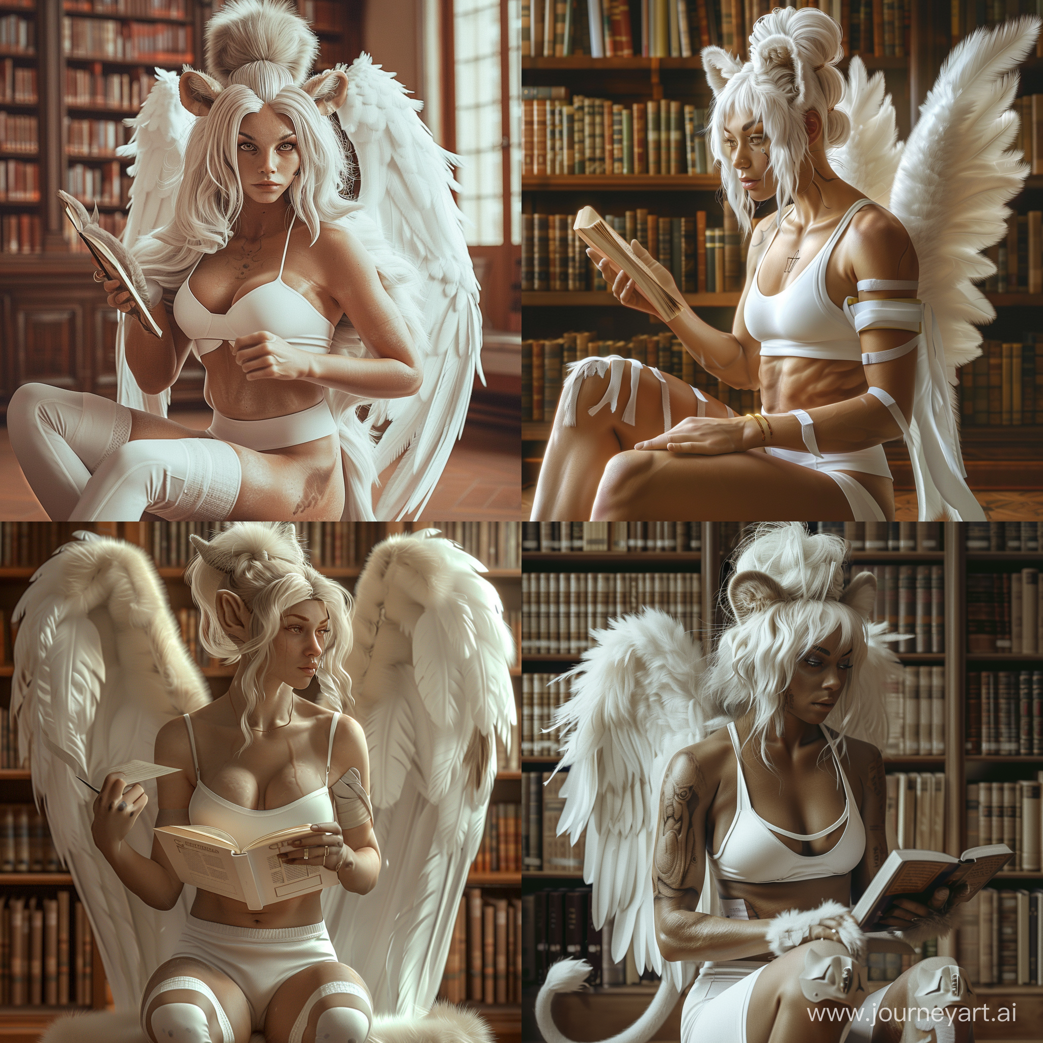 adult, beautiful, female, sphinx, white fur, light skin, white hair, hair bun, sitting, reading, library, white feathered wings attached to back, lion ears, furry legs, lion legs instead of human legs, lion paws, furry arms, lion paws for hands, lion tail attached to waist, no human ears, lion hybrid, hybrid, white sports bra