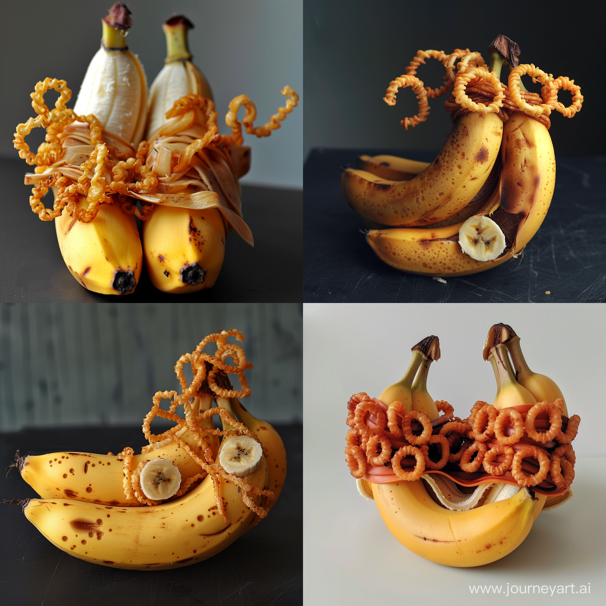 two bananas touching each other with curly fries wrapped around them