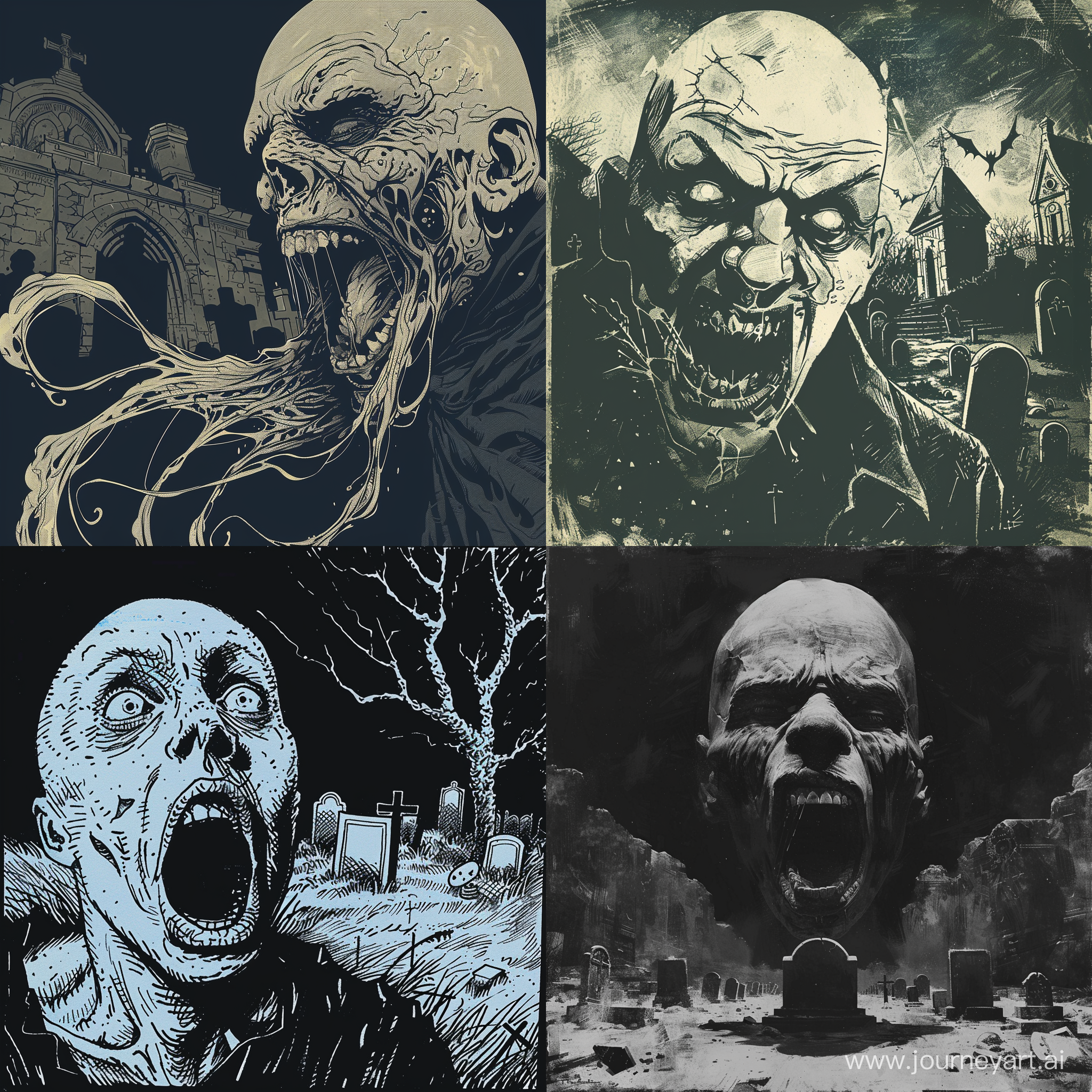 A haunting and macabre illustration of a bald man with a distorted face and a menacingly large, terrifying mouth, set against the backdrop of a dark and eerie graveyard. The image should be in a square format, with a sharp focus on the man's frightening features. The style should be reminiscent of dark and gothic illustrations, with deep shadows and a foreboding atmosphere. Emphasize a high level of detail and intricate linework, creating an image that is both disturbing and captivating. --s 150 --ar 1:1 --c 15