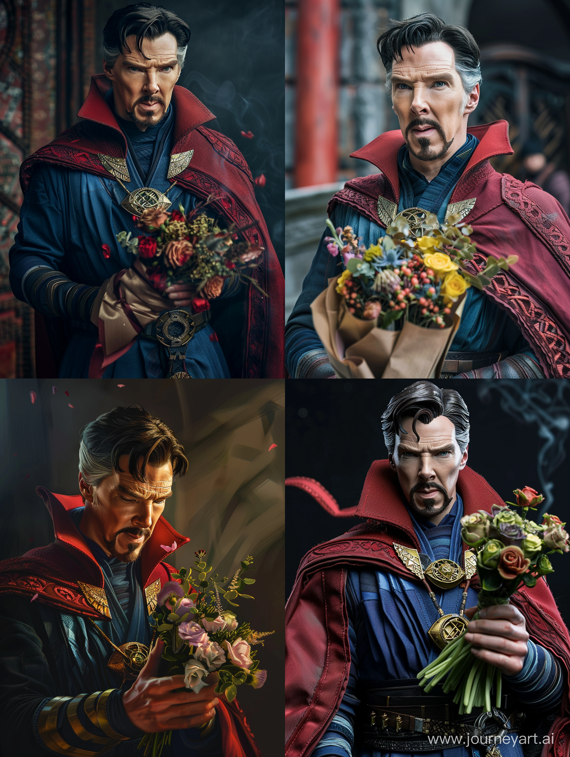 Doctor Strange holding a bouquet