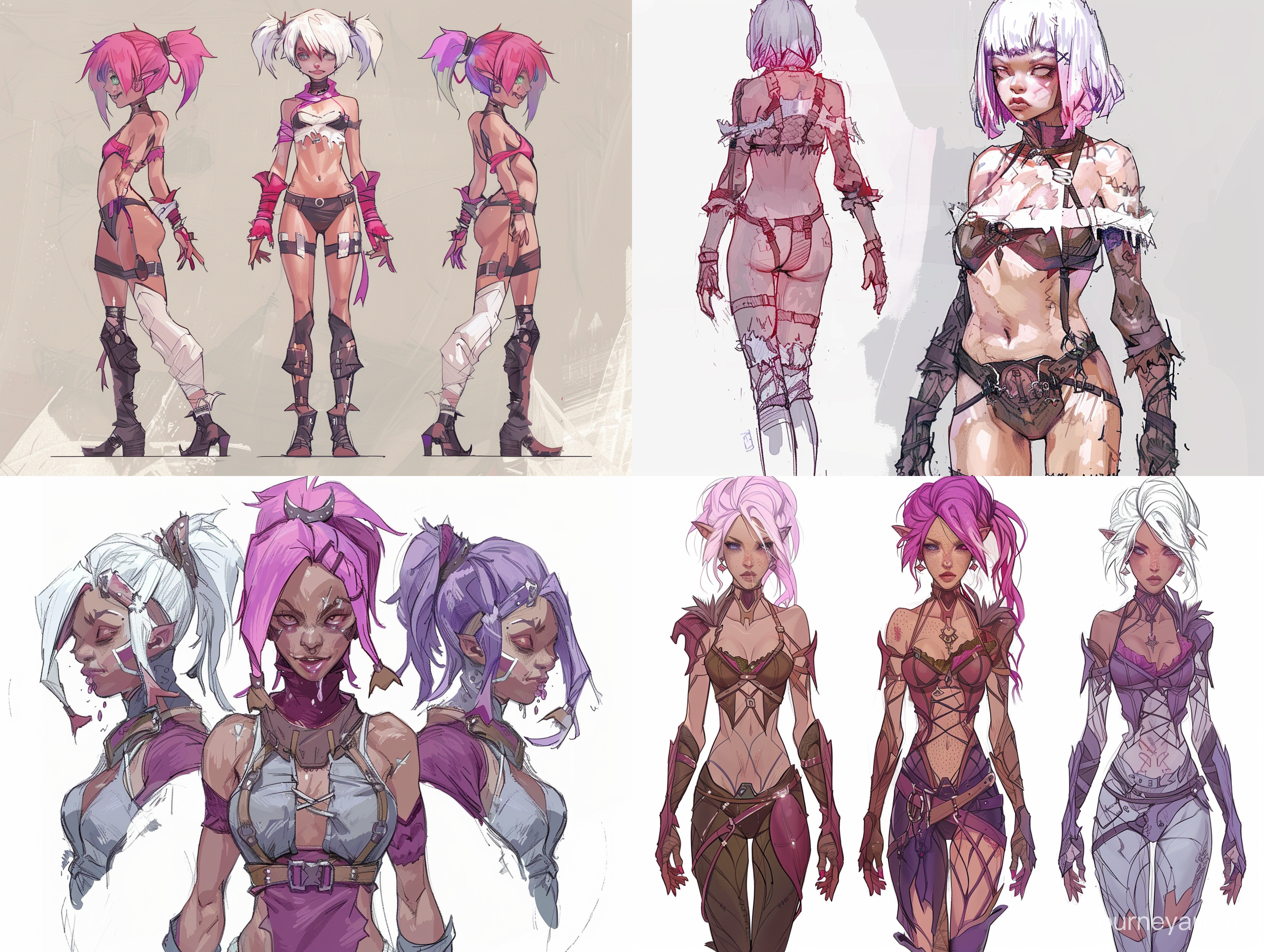 Made in a nice artistic style, semi-realism or anime.
Setup: Draw her in a full, arbitrary pose with a body view, using perspective or an interesting angle.

She has one body but three twin heads i.e. like Siamese twins, tall height, clothes in the style of concept
fantasy art. One head has pink hair and a cheerful appearance, the second head has white hair and a grim expression, the third head with purple hair and a sad expression on his face.