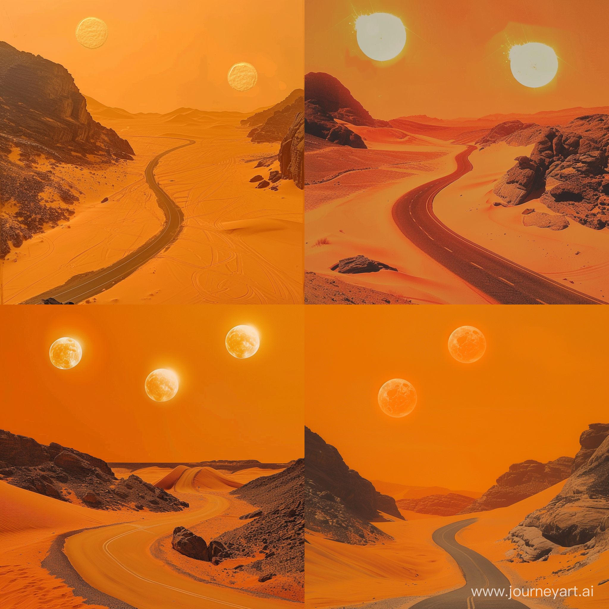 Phone photo posted on reddit of the inhospitable, infernal desert. In the middle of the desert there is a single asphalt road winding among the dunes and rocks. The atmosphere is breathable. Average temperature: 50 degrees Celsius. Wind: calm, but changes randomly over time. The sky is orange here, as is the sand. There are two Suns in the sky.