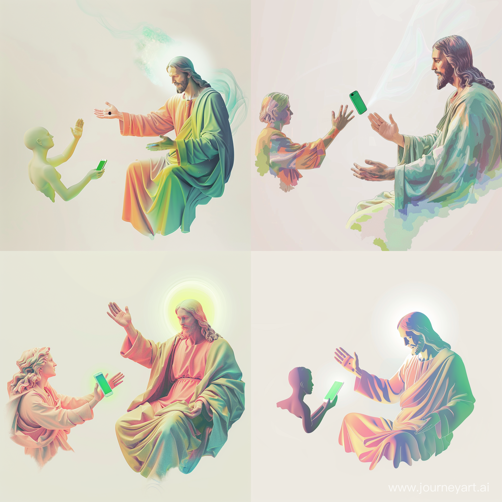 The overall color palette should consist of soft hues with white (#FFFFFF) background and no corners.

In the right center of the image is a stylized figure of Jesus Christ, seated and dressed in a simple robe filled with calming colors. His right arm is extended towards the left side of the image, his hand reaching out in a gesture that mimics the "The Creation of Adam."

His face is gently illuminated, with a soft, warm light creating a subtle halo around his head, giving a sense of divinity. The face should be peaceful and inviting, with a kind gaze directed towards the left side of the image, but still clearly visible and identifiable.

On the left side of the image, we have a smaller, non-detailed figure representing a person. The figure is reaching towards Jesus Christ, their hand also mimicking the iconic gesture from "The Creation of Adam". This figure is simple and non-detailed, it could be depicted in mid-motion, reaching out towards the figure of Jesus, indicating a sense of seeking or reaching out for help.

The two figures are separated by a subtle gradient of light, originating from the figure of Jesus, hinting at a transfer of wisdom or healing energy from Jesus to the person.

Between their hands, floating in mid-air, is a green smartphone. The phone serves as a bridge between the two figures, indicating the medium of their communication and a gift from Jesus to humanity.

In essence, the image is a modern, stylized representation of Jesus Christ as a therapist, interacting with a person seeking help, set against a serene, calming background.