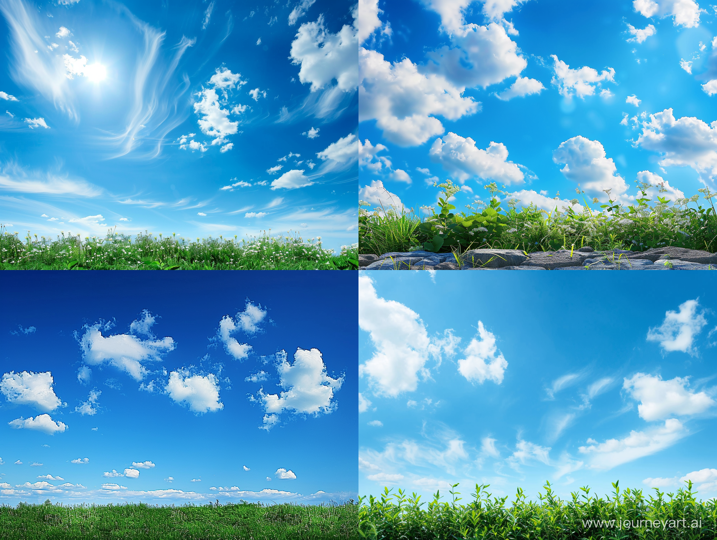 фон с голубым ярким небом, хорошо заметные белые облака, в нижней части картинки какой либо  кадр природы, фото должно походить на реальное