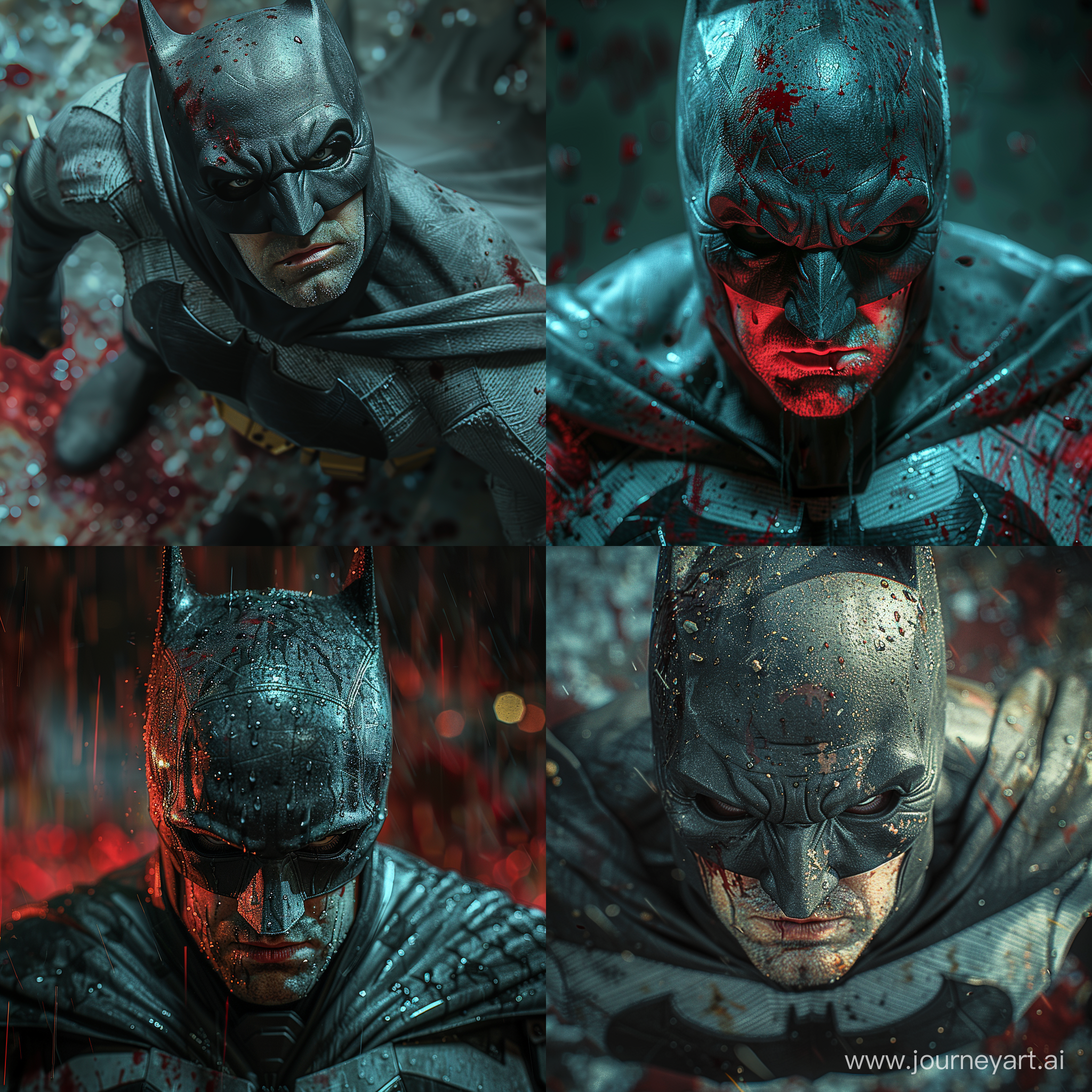 realistic the batman, looking down, cinematic, dark, prime 1 studio, (awe-inspiring:1.1), majestic, pompous, (floating in mid-air:1.5), (leviating:1.5), extreme detailed, flowing cape, chiaroscuro, harsh shadows, bloody highly detailed --style raw --stylize 500 