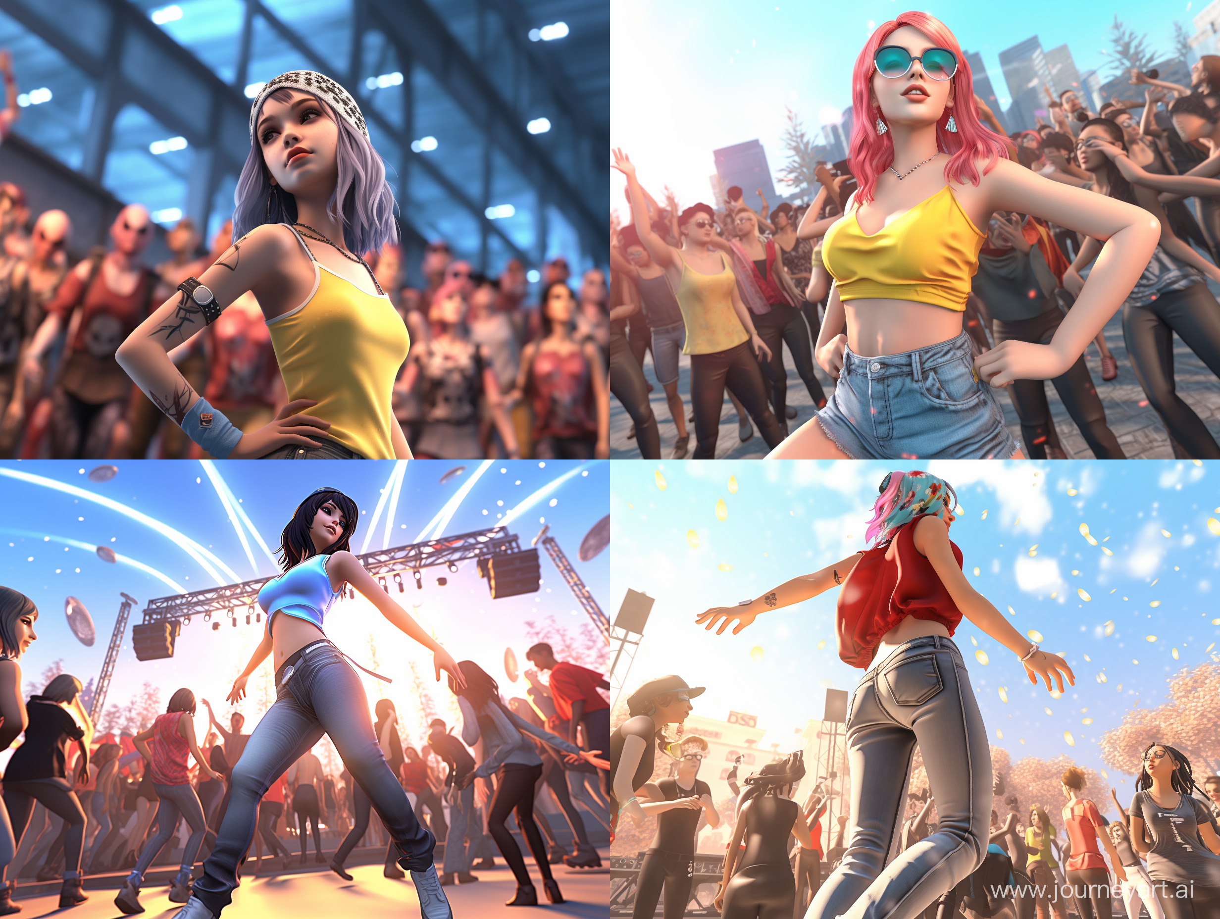 Girl character GTA 5, dancing in a place with a crowd of people, graphics style 3D GTA 5, style 3D rendering