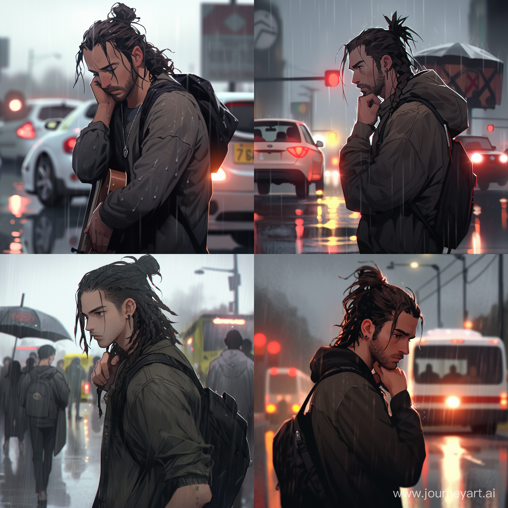 younger single guy, long black hair, hair pulled back in a disheveled ponytail. brown eyes,brown-eyed guy, hoodie, dark jeans, sneakers, long black hair pulled back in a ponytail, cigarette, traffic light, rain, dark clouds, red traffic light, light rain soaked his clothes, deserted environment, musician looking for inspiration, symbolizing loneliness, symbolizes isolation in the modern world, worth on the side of the road, leaning against the fence, looking thoughtfully into the distance, a cigarette smoldering in his hand, the atmosphere is gloomy, melancholic, contemplative, post rock art style, hard composition, hard perspective --niji --s 250 --ar 1:1 --v 6