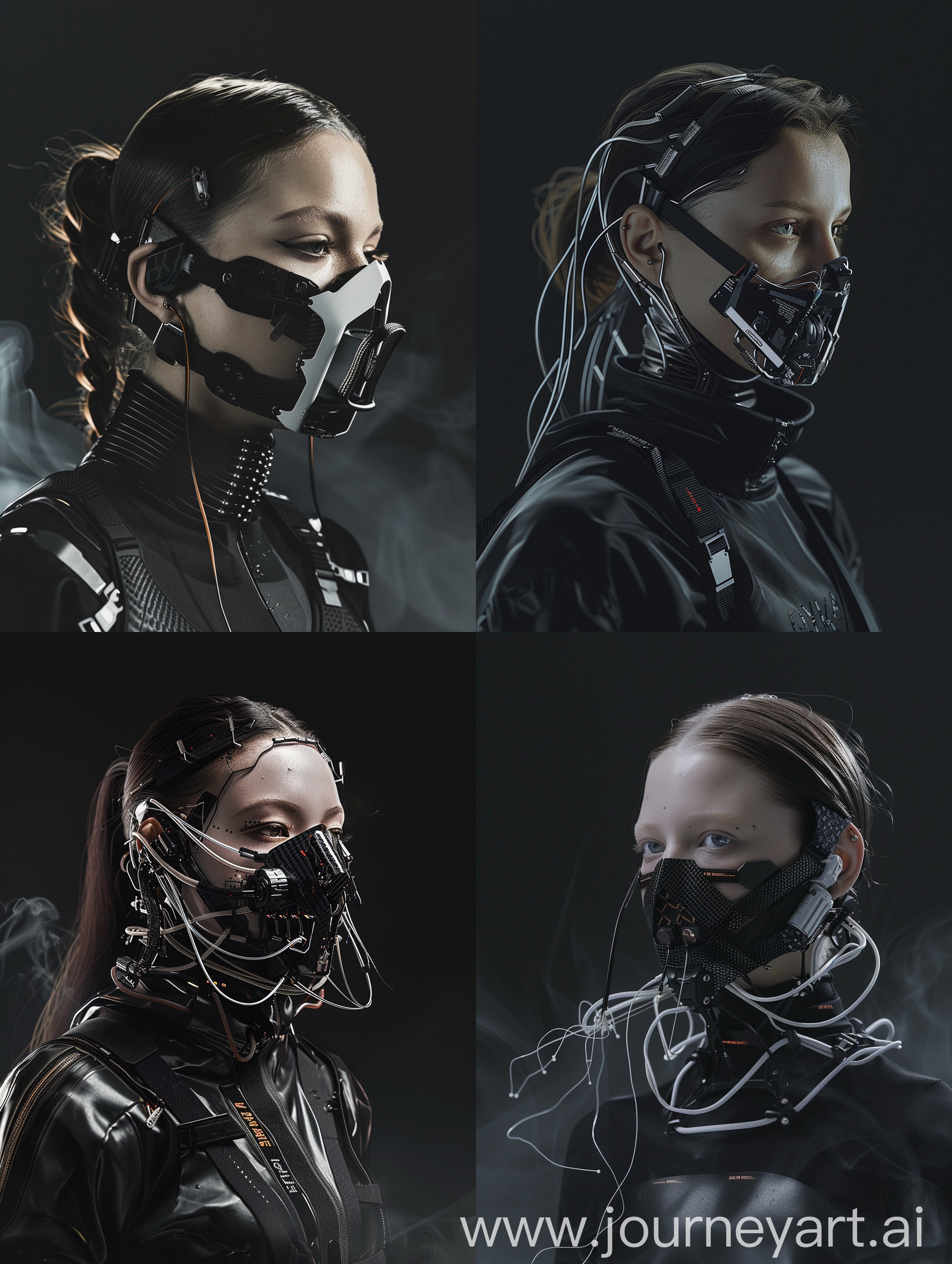 Against a sleek black backdrop, witness the captivating presence of a Beautiful characther adorned with a cybernetic mouth-covering mask. It seamlessly merges cutting-edge technology with intricate details, showcasing carbon fiber textures, sleek aluminum accents, and pulsating wires. Symbolizing the delicate equilibrium between humanity and machine, her appearance embodies the essence of a futuristic cyberpunk aesthetic, further accentuated by Off-White-inspired add-ons. With dynamic movements reminiscent of action-packed film sequences, accompanied by cinematic haze and an electric energy, she exudes an irresistible allure that commands attention
