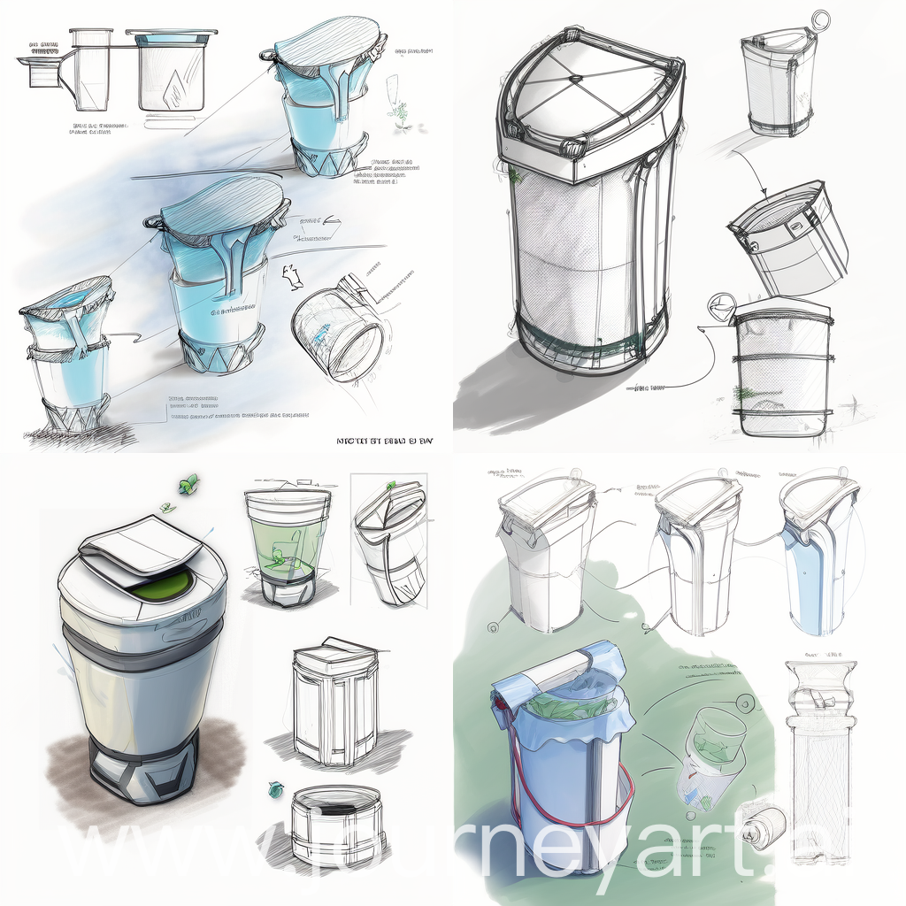 设计一款环保垃圾桶草图，收集空气中的水蒸气，提供给流浪动物水