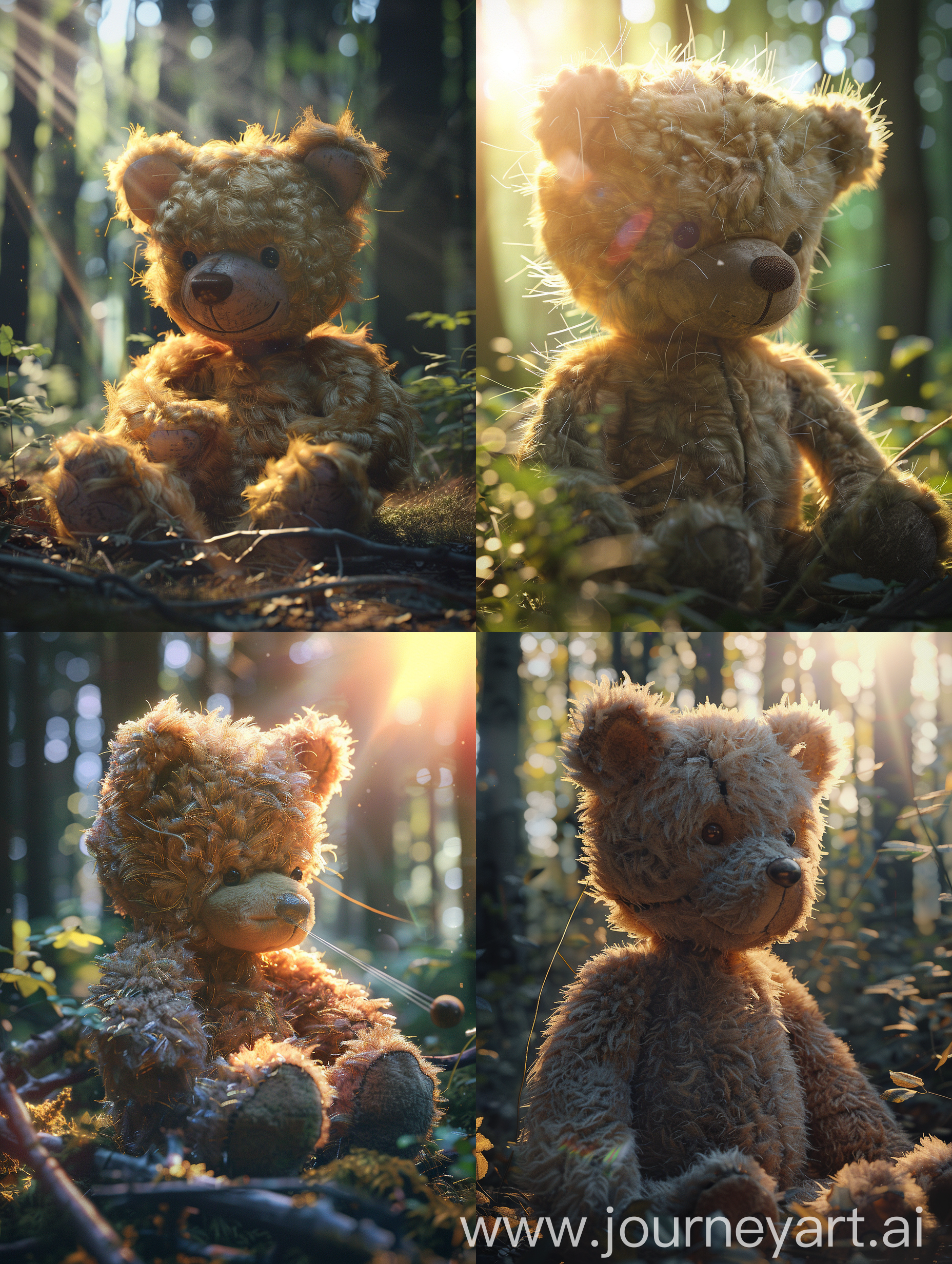 1.  毛软玩具小熊，布偶熊在森林里，阳光照射在布偶熊身上。以柔和色调绘制，细节丰富，超写实表面，使用背光，光纤，工作室照明，使用Octane Render、C4D、Procreate、ZBrush、Blender进行渲染。