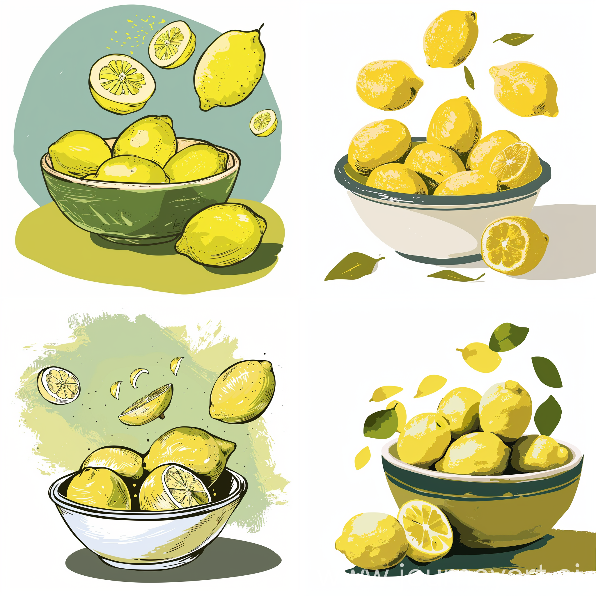 1 bowl of lemon with a few lemons falling outside.vector green and yellow shape , handrawing .