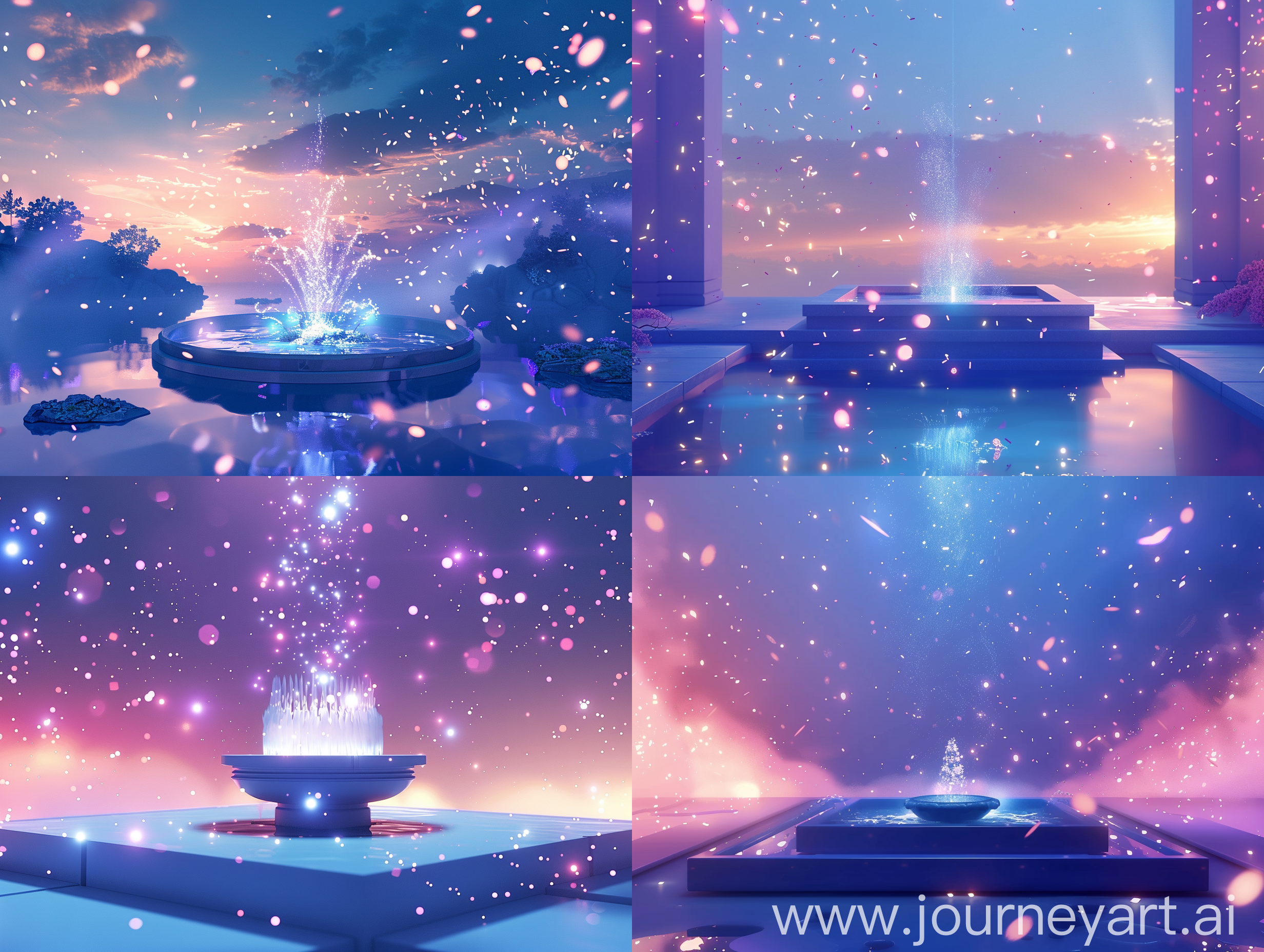 A 3d realistic art of a beautiful minimalistic zen garden with a fountain in the center. Glowing particles are flying around and night turns into dawn. Deep blue, purple, and soft pink colors. Modern look 3d illustration