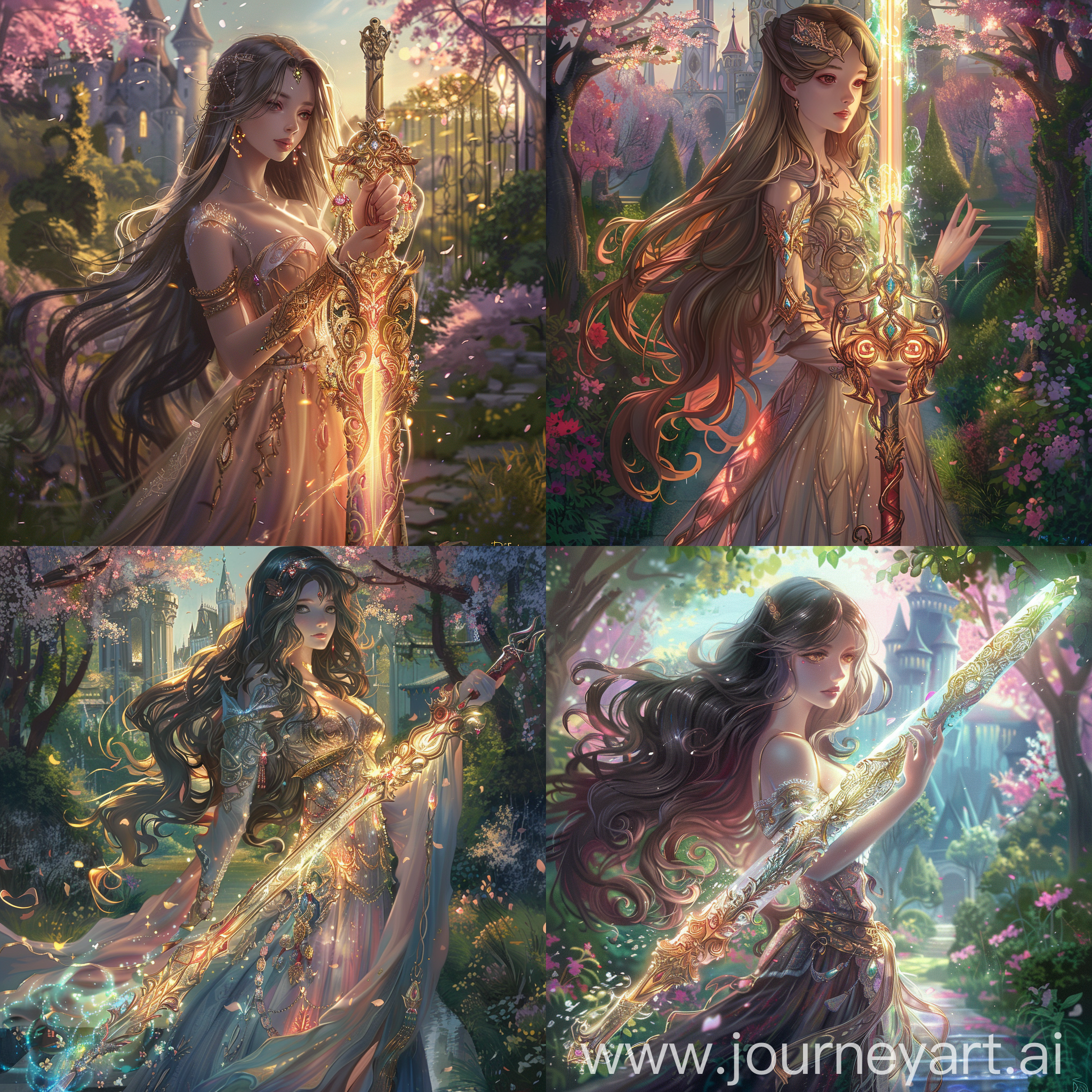 A beautiful anime princess with long flowing hair and an elegant dress, holding an ornate magical sword that glows with ethereal light. The sword has intricate engravings and a jeweled hilt. She stands confidently in a lush fantasy garden with cherry blossom trees and a majestic castle in the background. Soft, romantic lighting illuminates the scene. Highly detailed 2D anime style artwork, vibrant colors, dreamy atmosphere. Trending on Artstation.