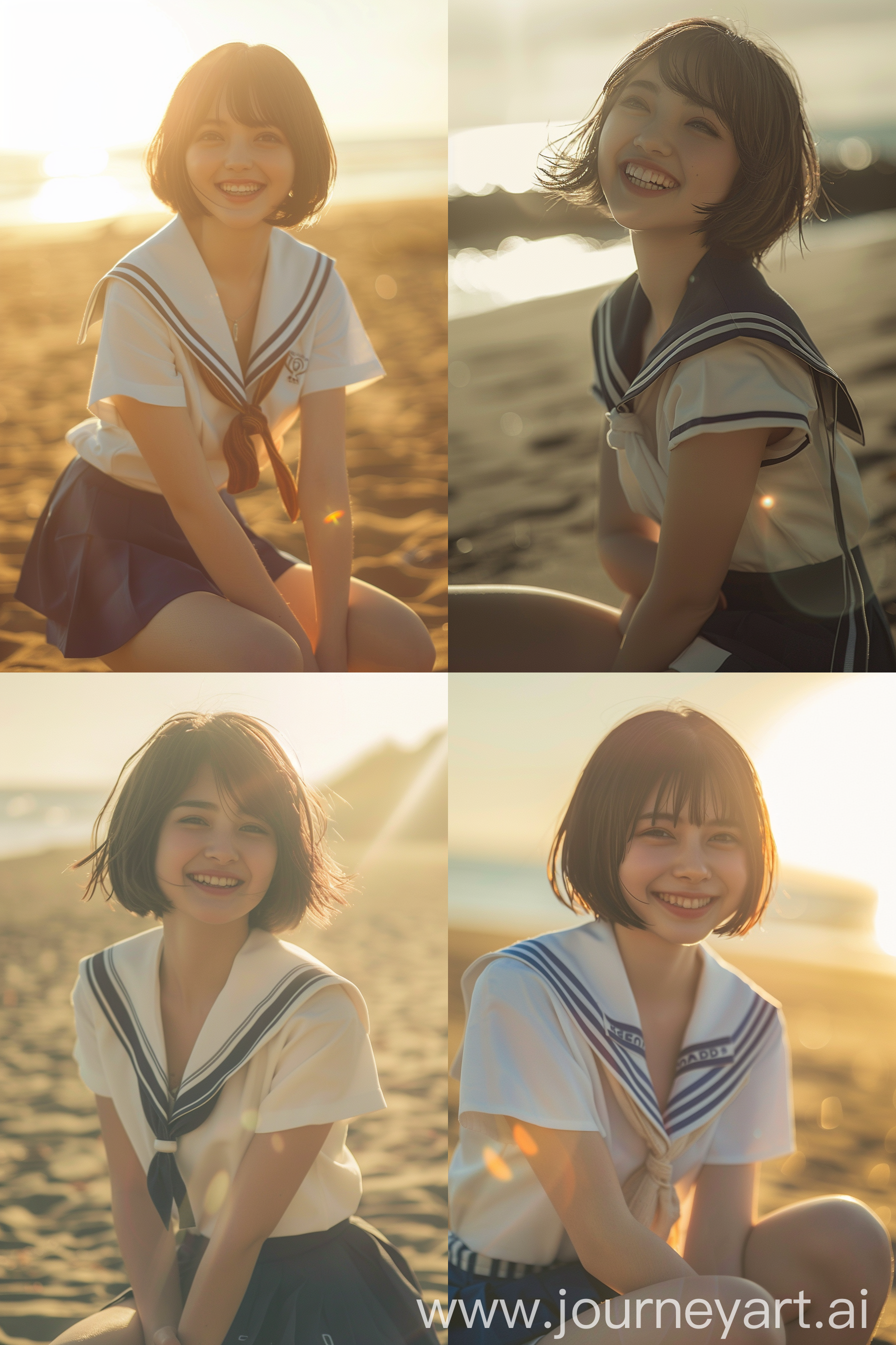 A beautiful girl, short hair, smiling, sailor uniform,, Kamakura beach, sunlight,highly detailed, knee shot, fujifim superia,by Hideaki Hamada,hyperrealistic,shot on Canon r5,50mm f1.4,photo by Rinko Kawauchi --ar 2:3 