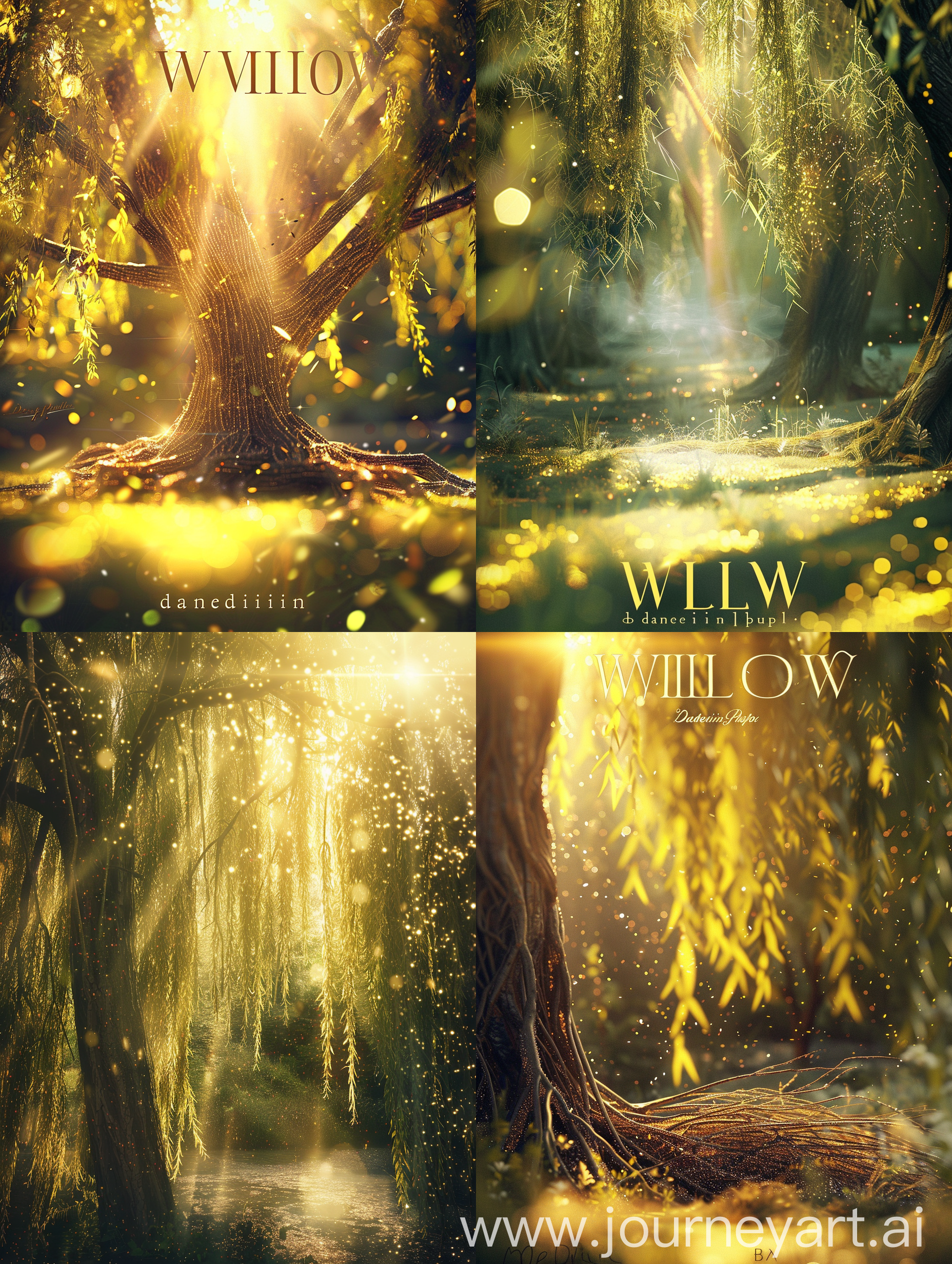 A beautiful willow with sunlight and glittery atmosphere, On the picture should be written "WILLOW by dandelioninpluto" in a fantasy font, HD, detailed