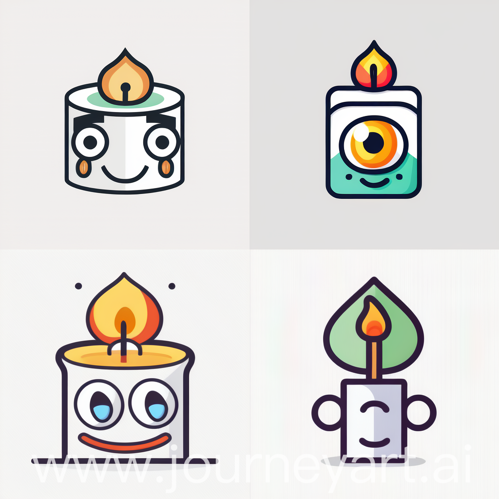 A candle icon design featuring clean lines and shapes, set against a pure white background. The candle is not just a simple, inanimate object; it is brought to life with a pair of bright eyes and a smiling mouth atop its flame, creating a warm and friendly appearance. This icon merges traditional candle imagery with whimsical, lively elements of eyes and a mouth, infusing it with character and warmth