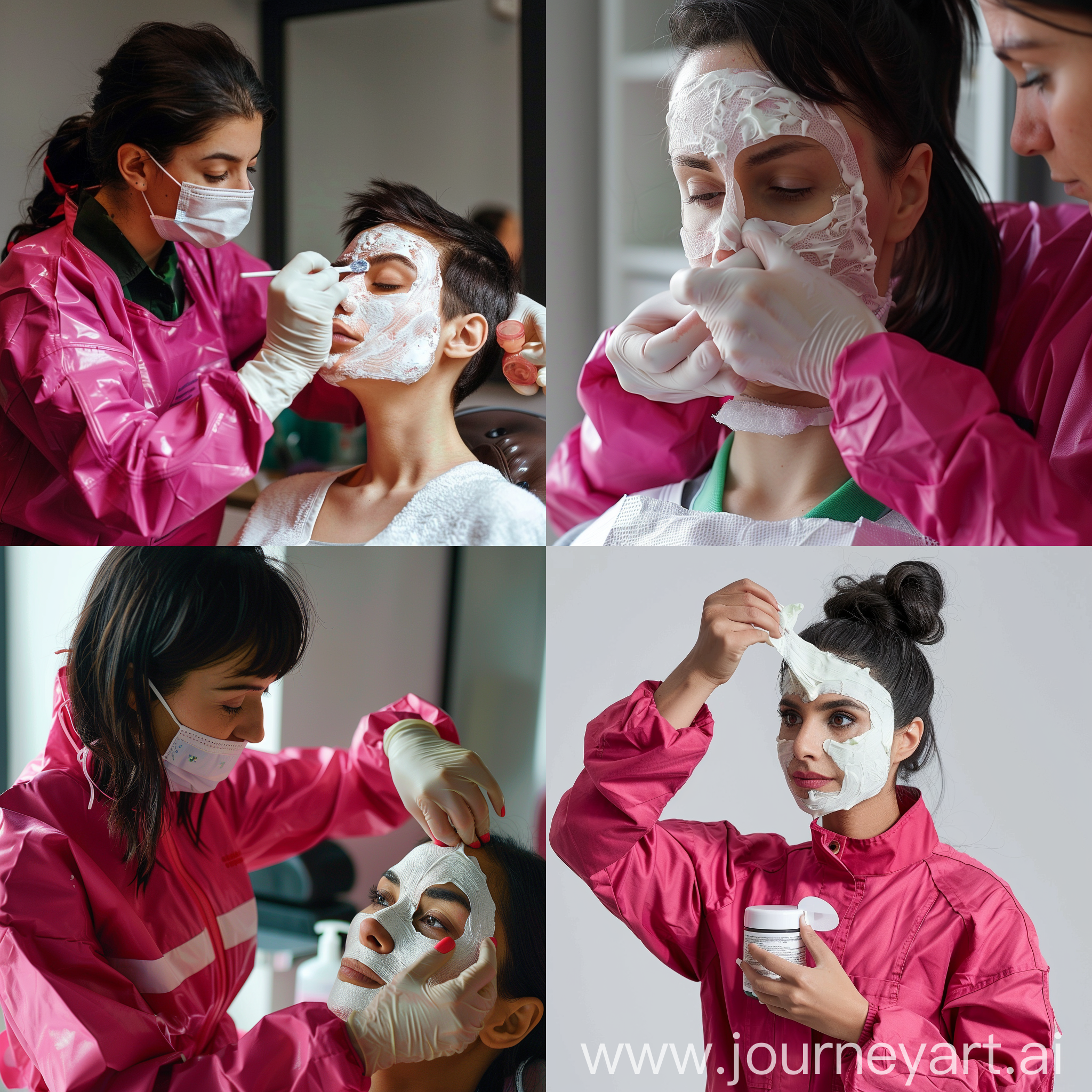 Косметолог с тёмными волосами в ярком малиновом медицинском костюме наносит маску на лицо клиентке