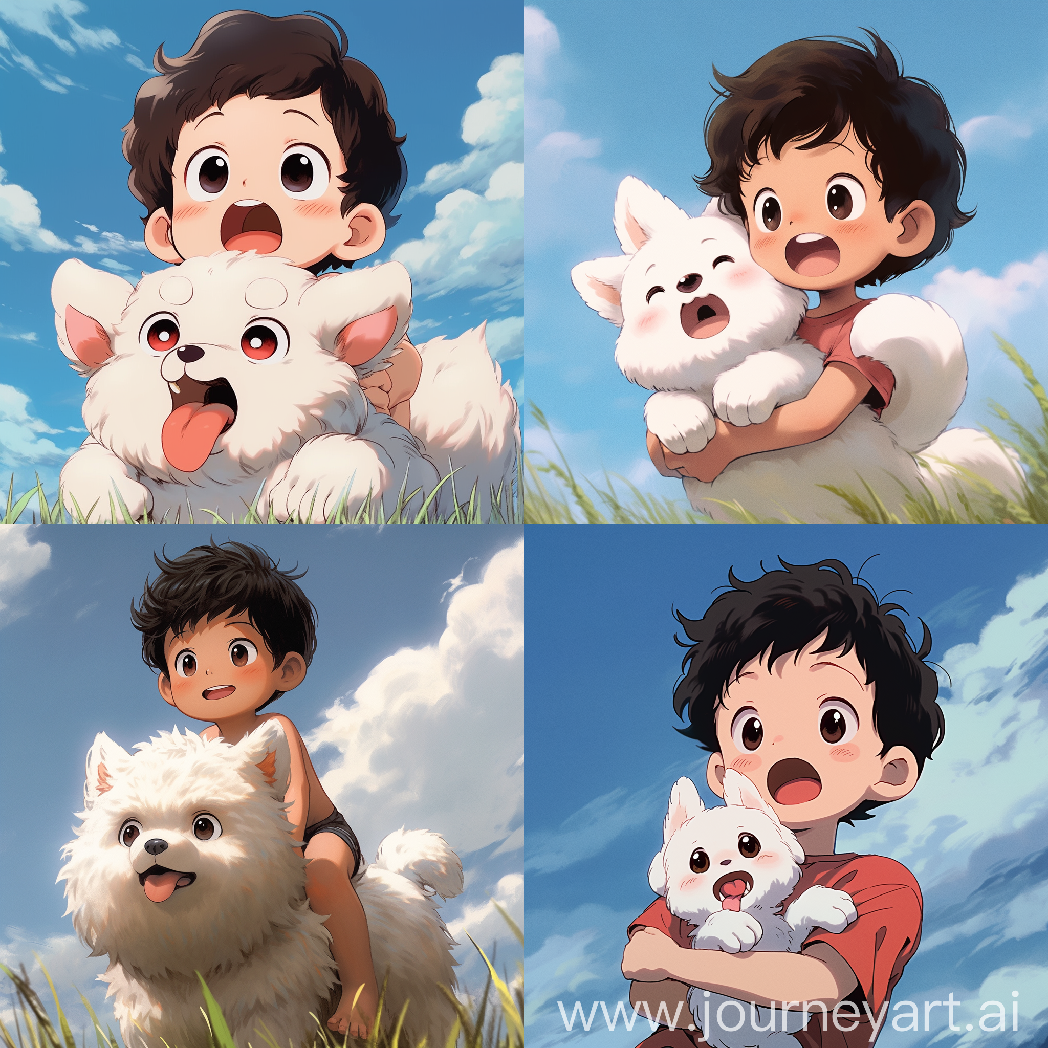 一个可爱小男孩和一只卷毛迷你白色贵宾犬，男孩黑色头发，棕色大眼睛，蓝色天空背景，贵宾犬在手臂里，Osamu Tezuka，高分辨率，最高质量， 8k --niji 5