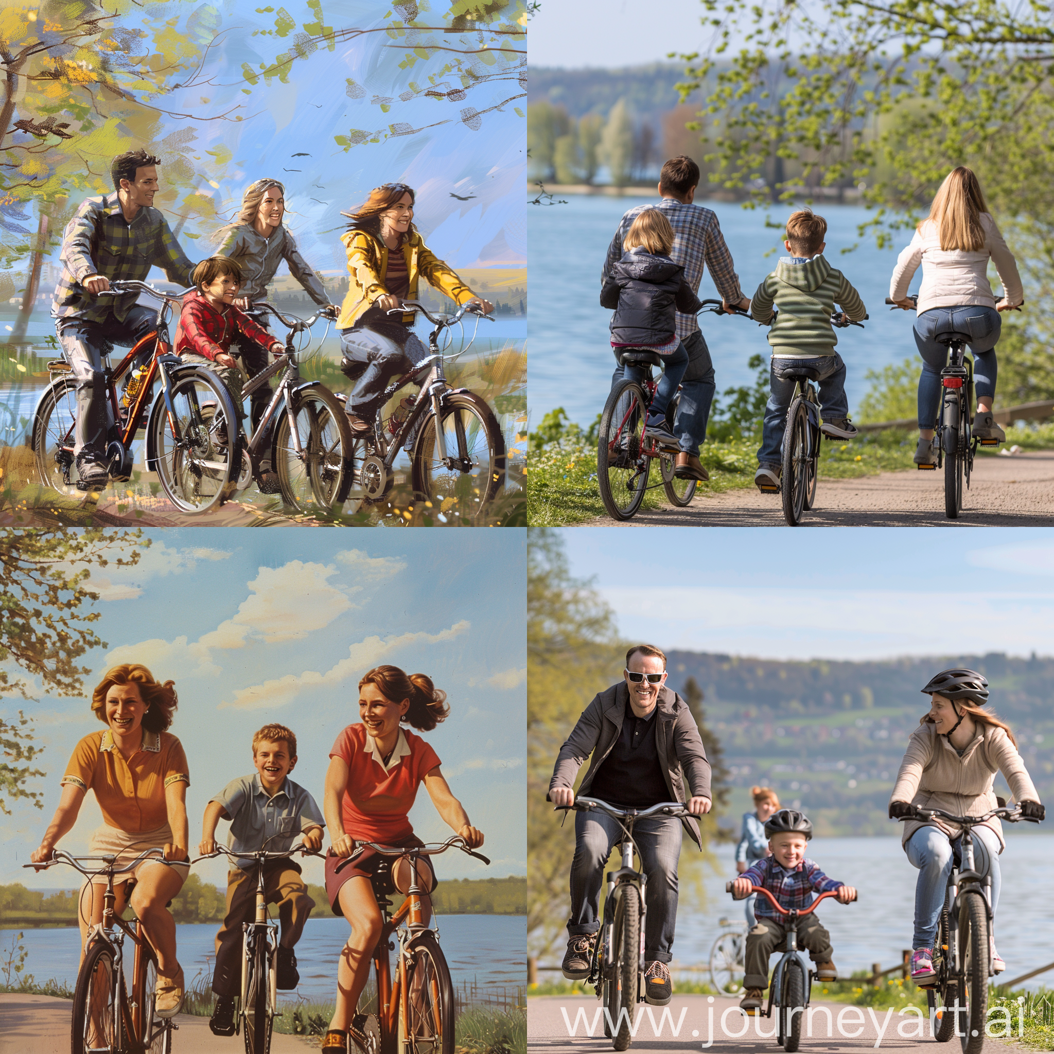 一家四口人，男人，女人，小男孩，大女孩，一起骑着自行车在湖边春游