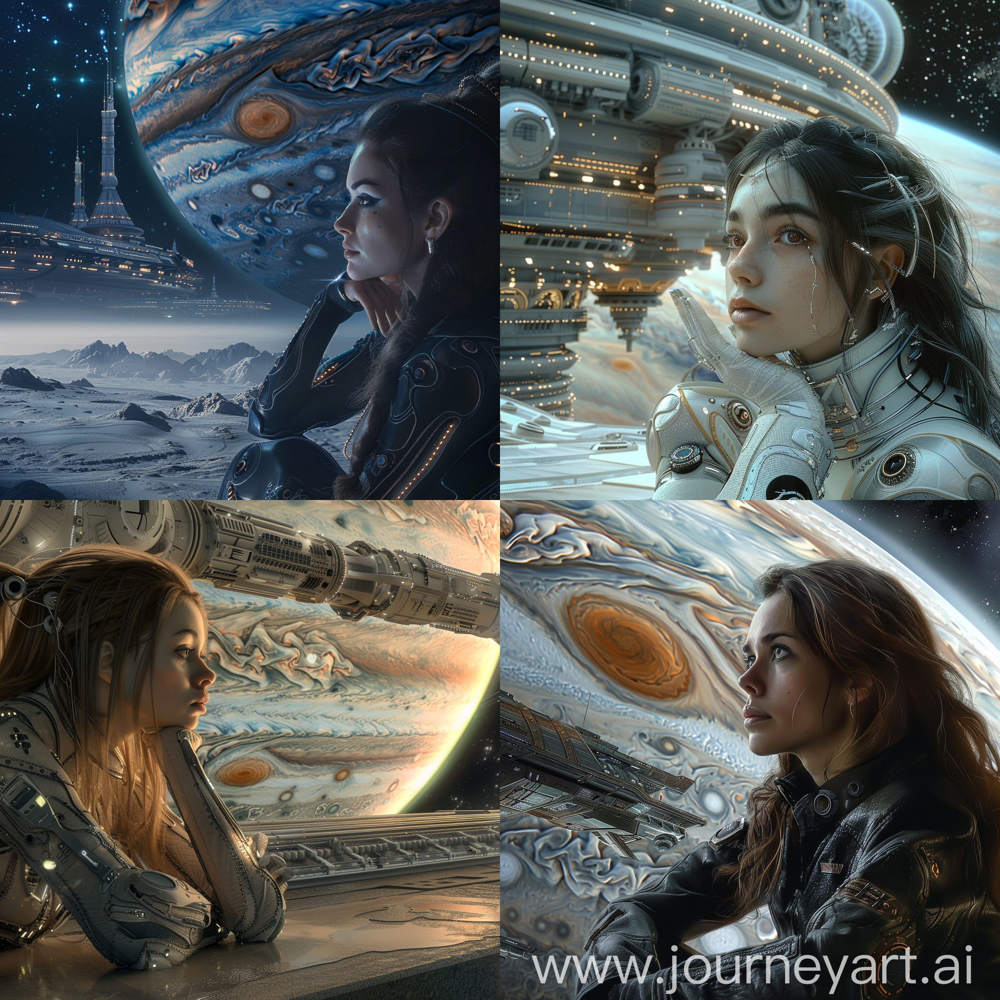 A highly detailed image of an otherworldly futuristic beautiful space woman with beautiful eyes living on one of the moons of Jupiter. She is sitting Infront of a futuristic space station. Beautiful magical mysterious fantasy surreal highly detailed 