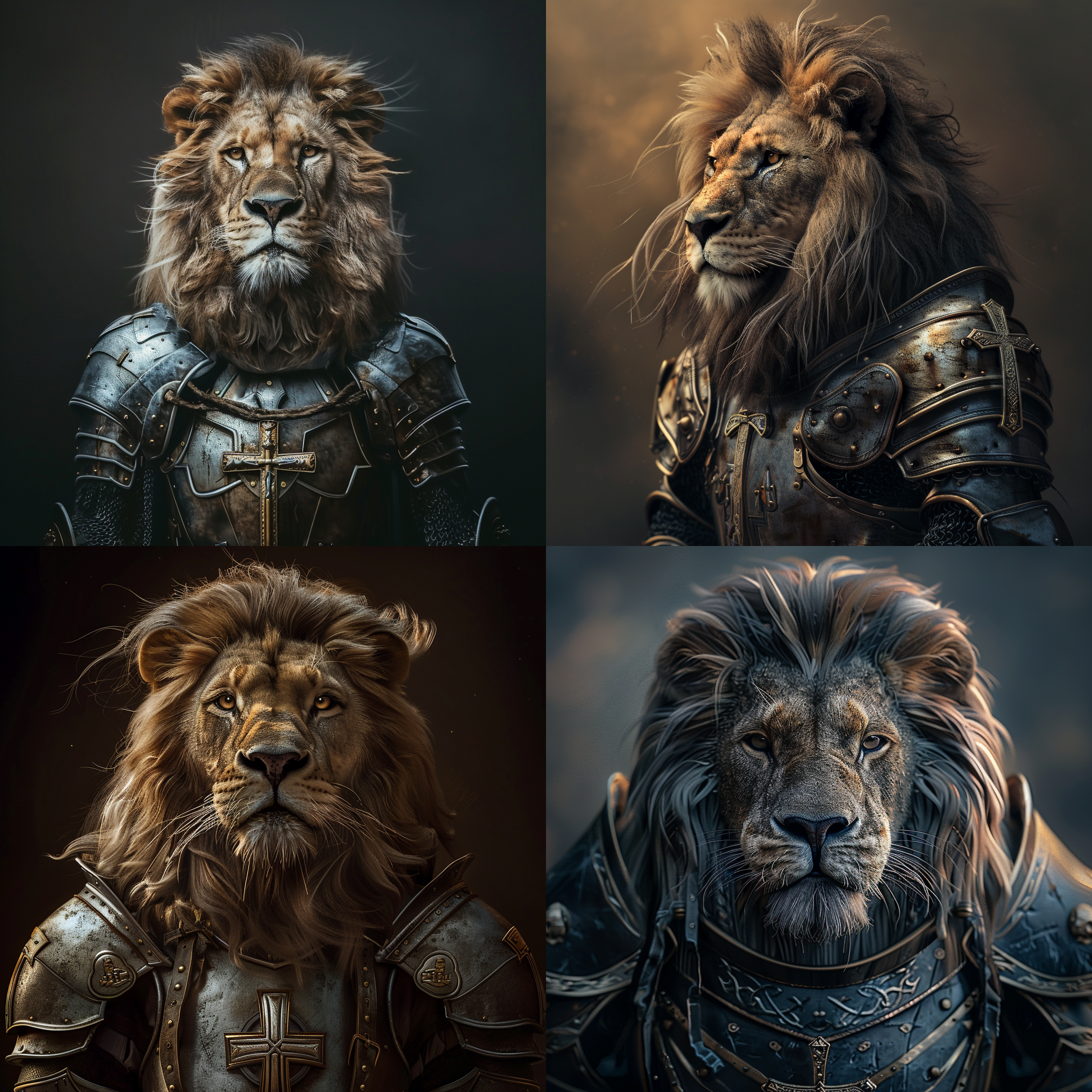 A lion dressed in crusader armor. Hyper realistic