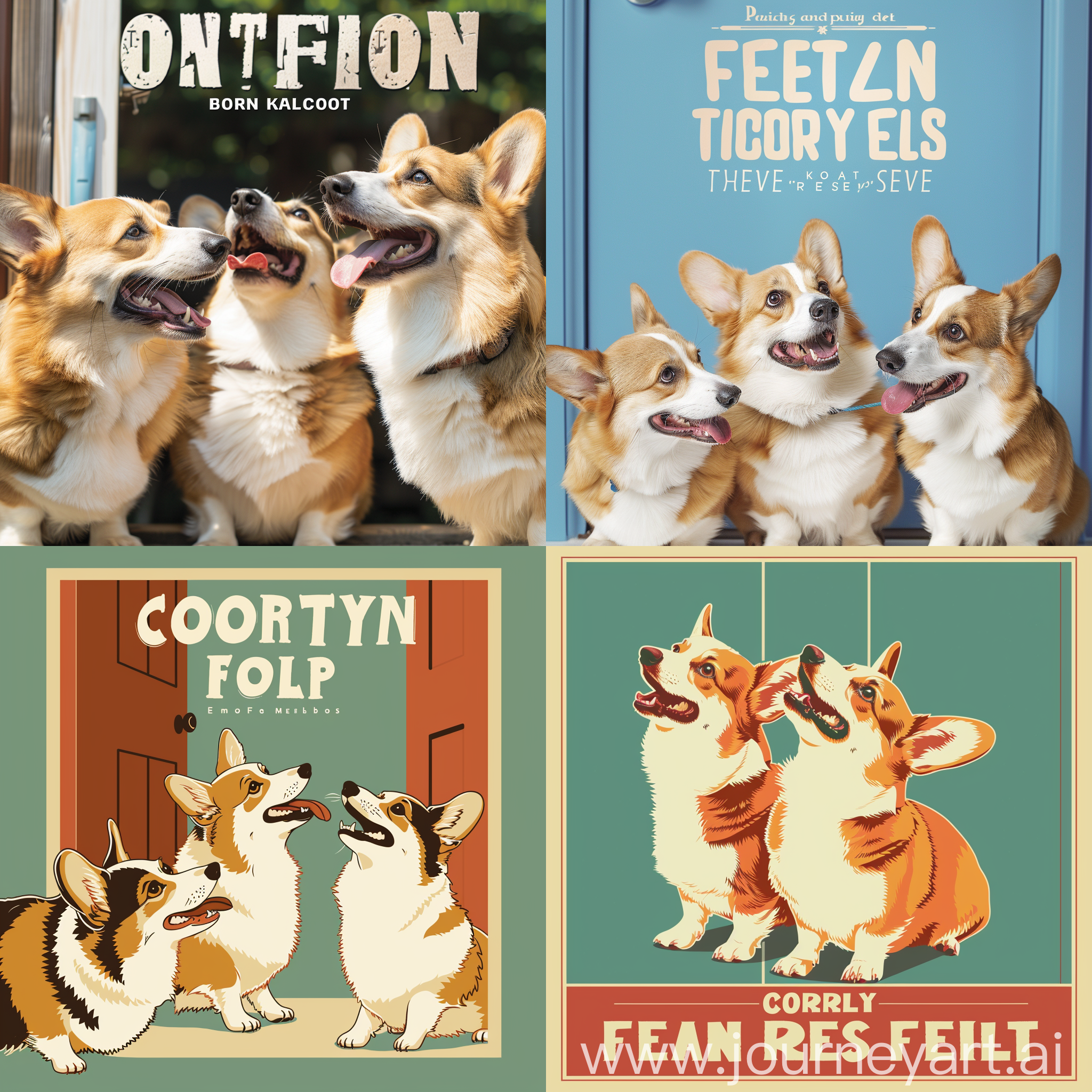 A poster about door-to-door feeding, featuring three corgis