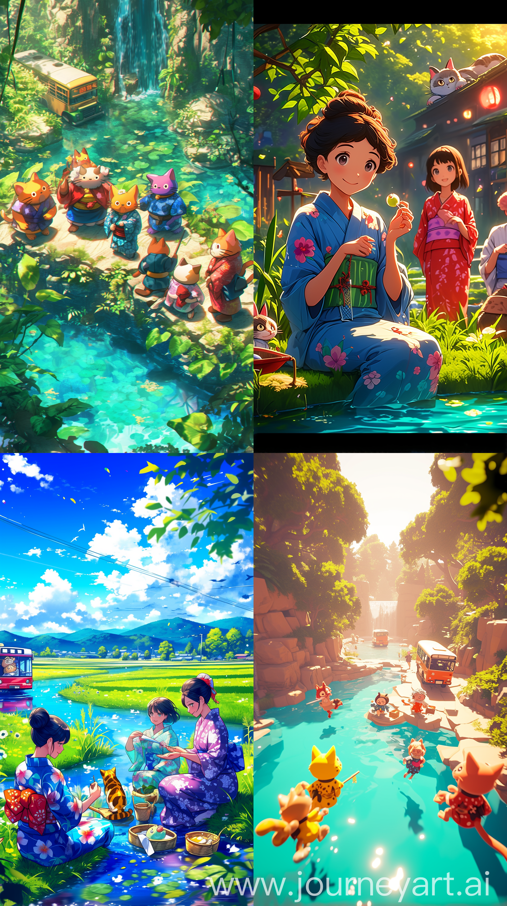 A serene Ghibli Studio summer scene with lush greenery, a crystal-clear river flowing gently, colorful Studio Ghibli-style characters in traditional Japanese yukata, adorned with delicate floral patterns, soft natural lighting, a playful cat bus in the background, whimsical and fantastical, reminiscent of Hayao Miyazaki's magical worlds --s 150 --ar 9:16 --c 5 --niji 6