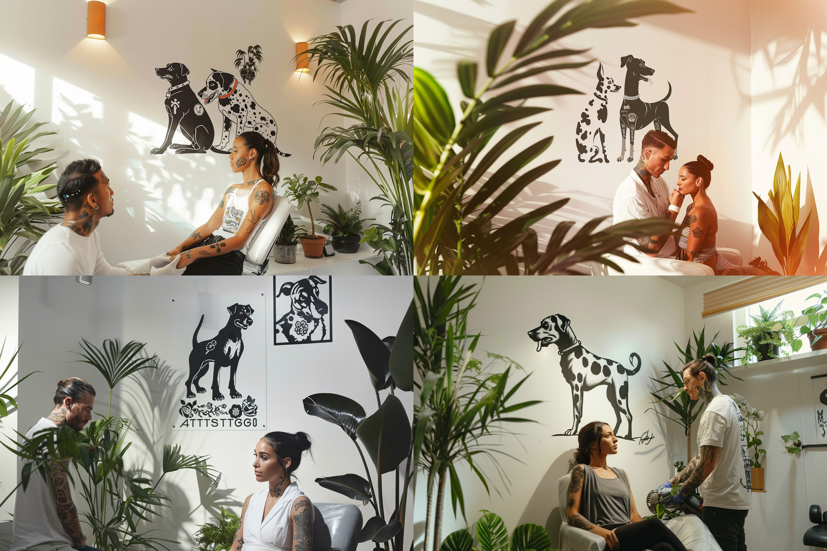 /imagine prompt: A tattoo studio with a zen mood, bright lighting, white walls, and lush plants. A beautiful woman being tattooed by a man with a rapper style. On the wall, a stencil artwork of a Doberman tattooing a Dalmatian. Created Using: high key lighting, minimalist design, urban art influences, stencil art style, realistic human figures, botanical elements, serene atmosphere, high-definition details --ar 3:2 --v 6.0
