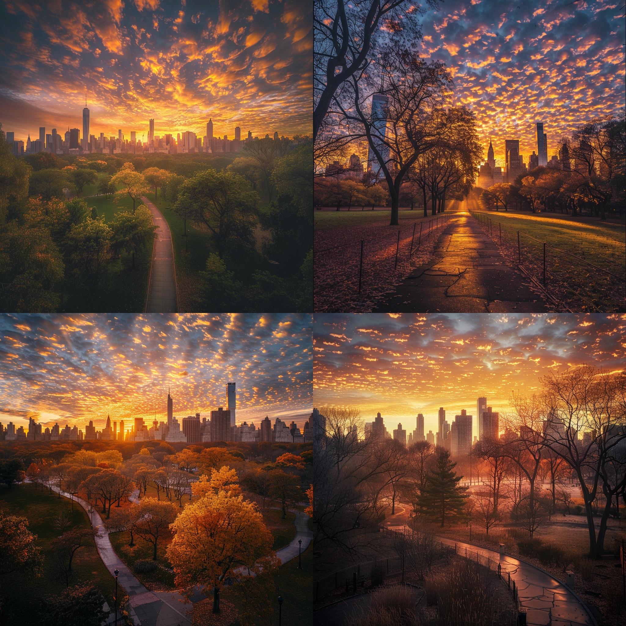 A vibrant sunrise over Central Park, New York, with a 35mm angle. The early morning light casts a golden hue on the trees and pathways, with distant skyscrapers silhouetted against the glowing sky. Created Using: 35mm photography, urban nature blend, golden hour lighting, dynamic range, detailed textures, naturalistic colors, depth of field, cityscape background 