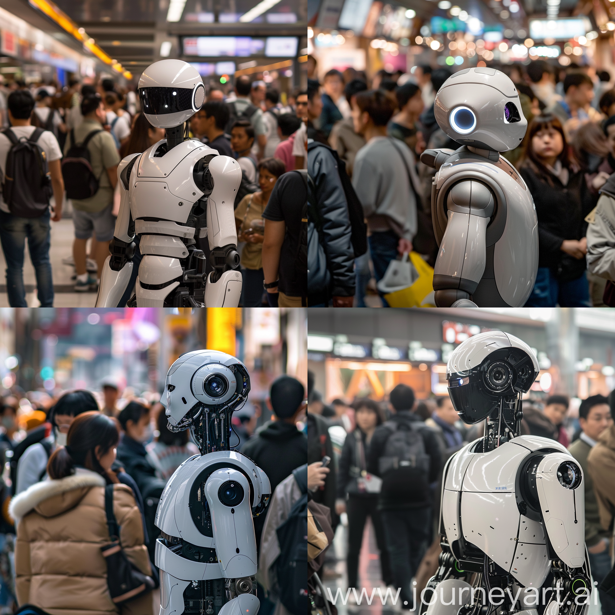 Ai robot standing in crowded people