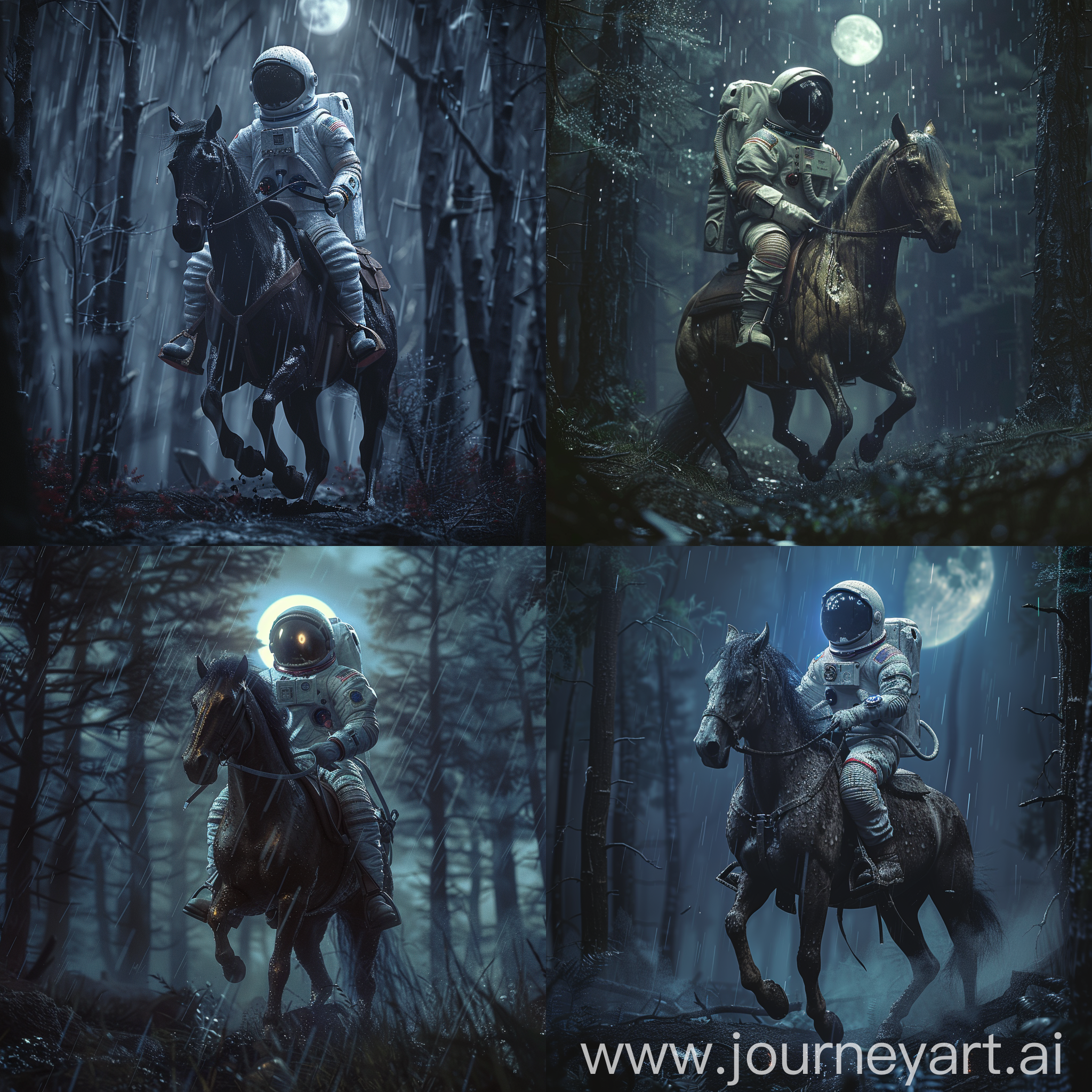 An image of an astronaut riding an upset horse in a dark forest in rainy weather photography, ray tracing, global brightness, smooth, ultra high definition, 8k, unreal engine 5, super sharp focus, moon dreamy lighting epic background