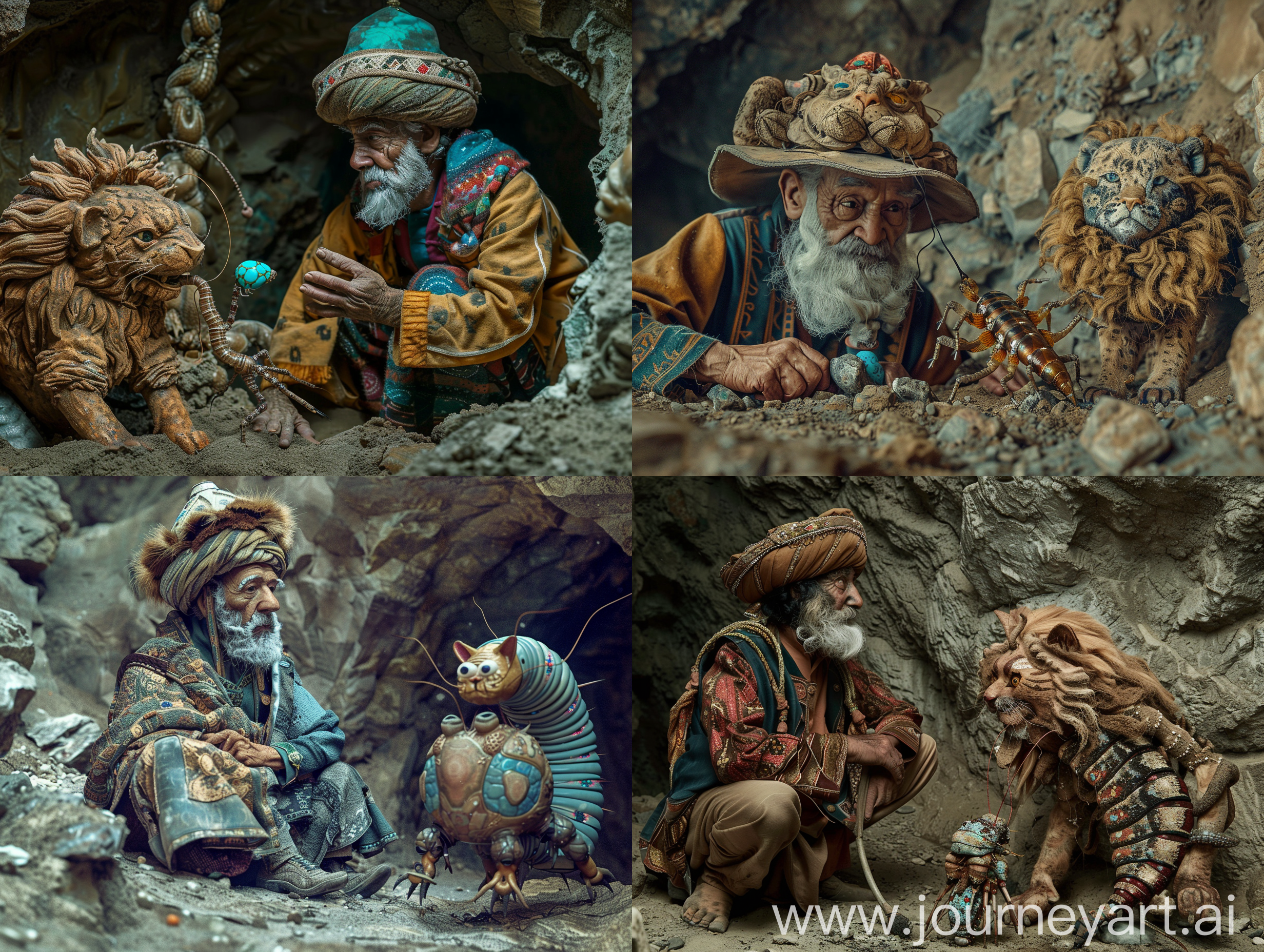 an old miner with a hit similar to lion head, and traditional persian clothes, is exploring the mine for finding Turquoise Stone, and he use (extrange creature similar to silkworm but with 4 legs and the she of face is like cat) like dog to finding turquoise, make a real photo with high details
