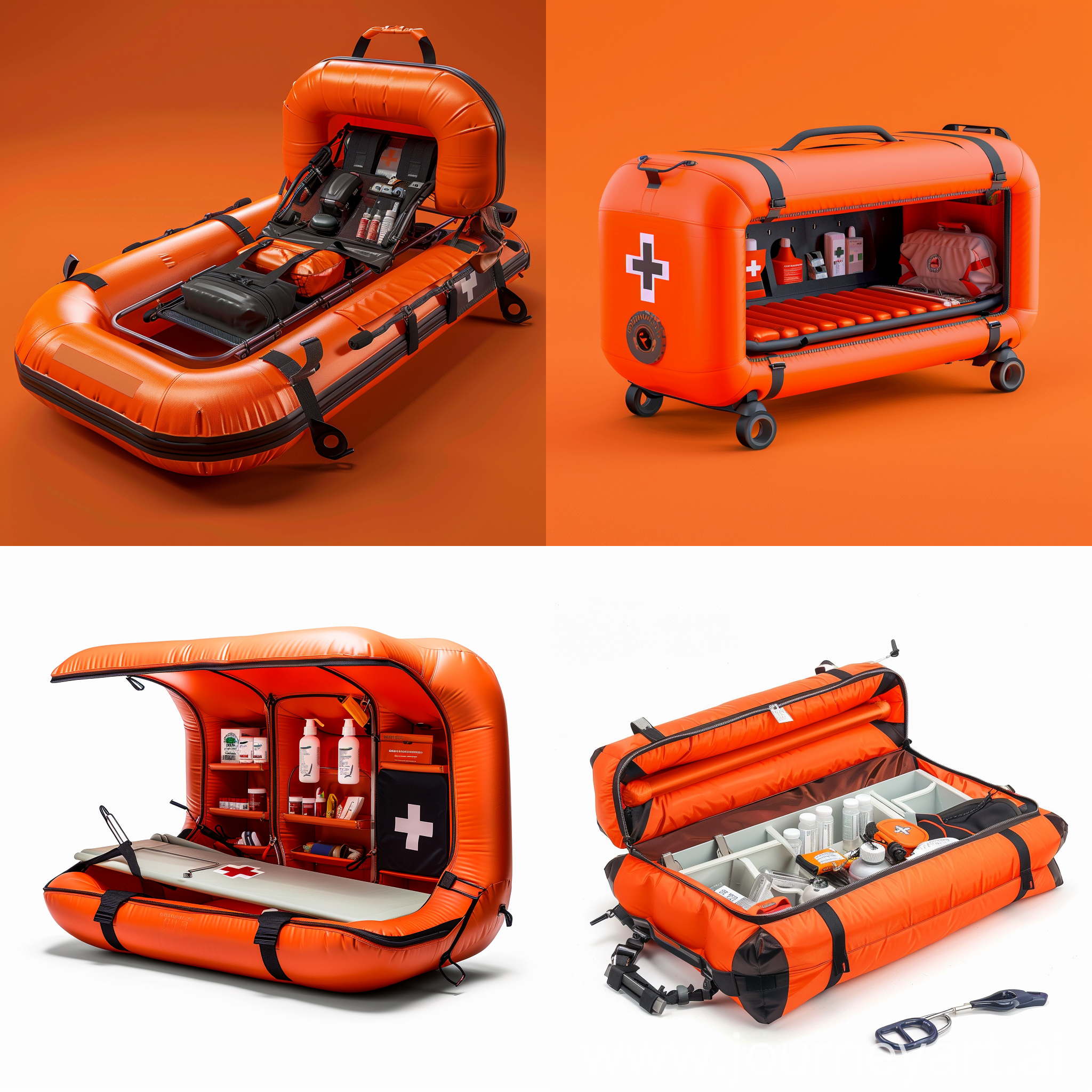 一款户外急救箱，有折叠自动弹出气囊担架，急救箱内部有应急物品，整体颜色为橘黄色，简约，结构简单产品设计，工业设计，现代