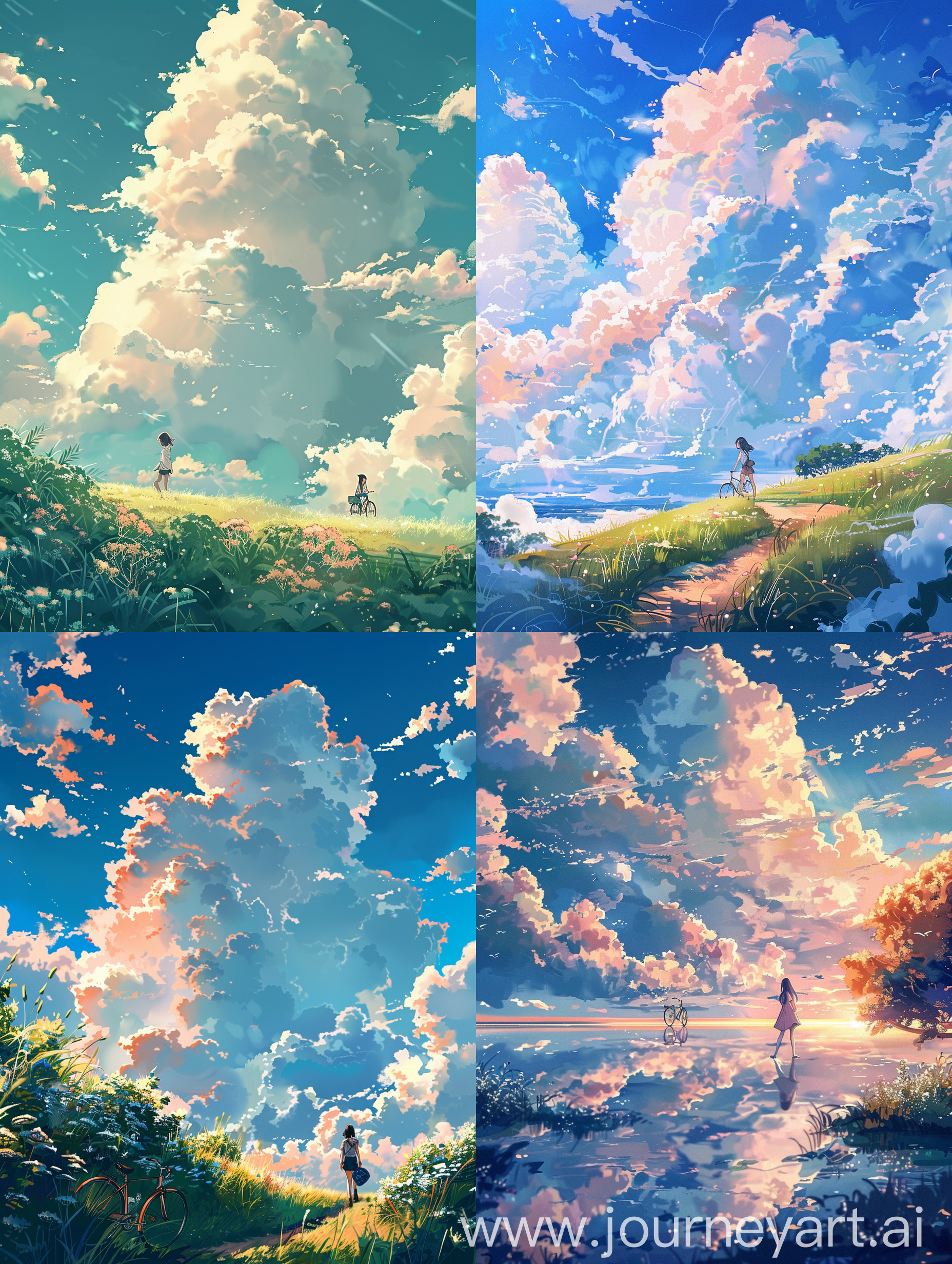 Anime style, clear clouds, clear environment, scenery, landscape, 1girl with biscycle at distance, cozy vibes