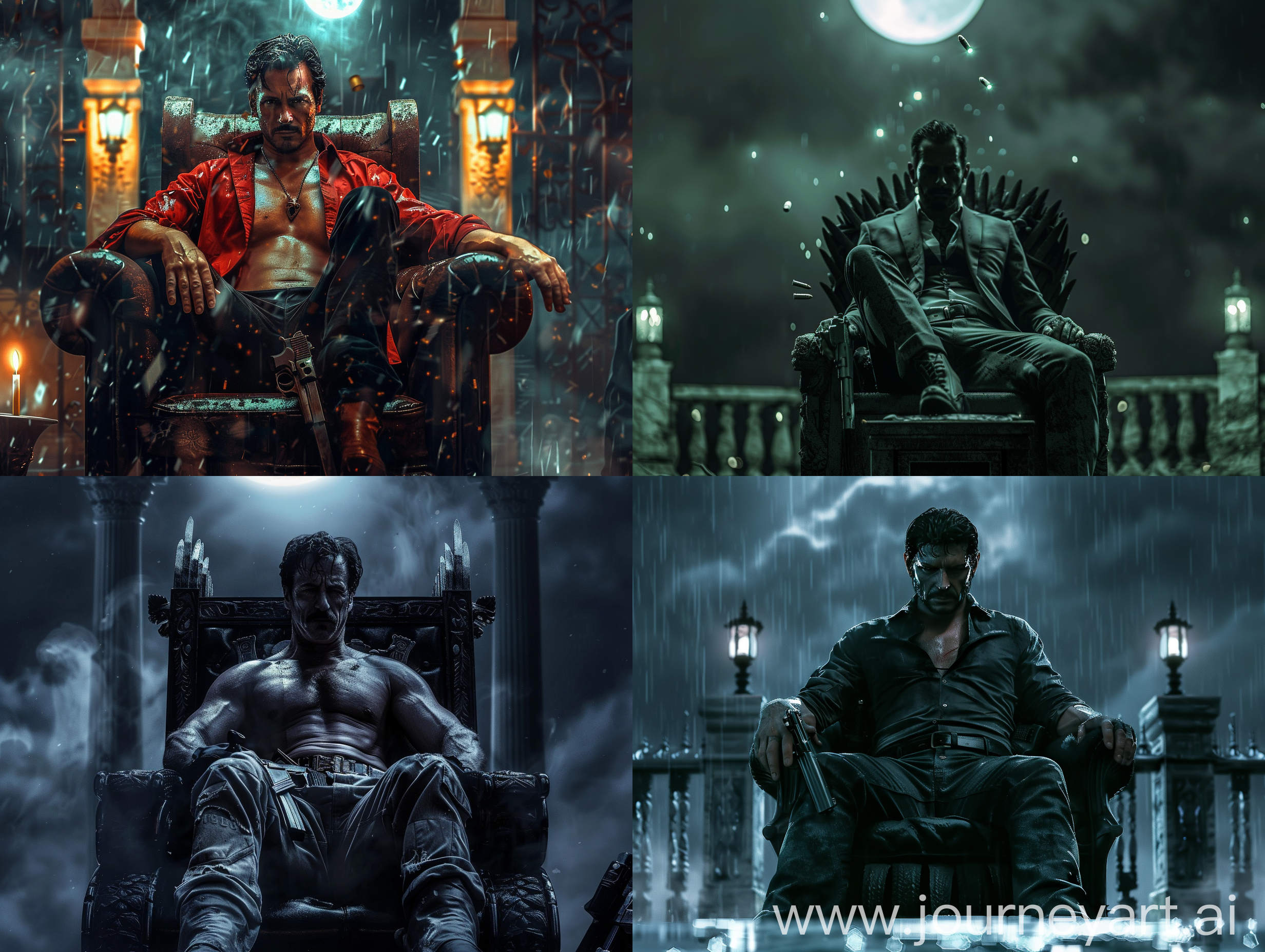 Antonio montana sitting on a throne with a gun near his legs with no bullets inside, the backround is dark he may have killed 200 people, he seems tired, outside is night and there is the dark moon lights, hd, cinematic