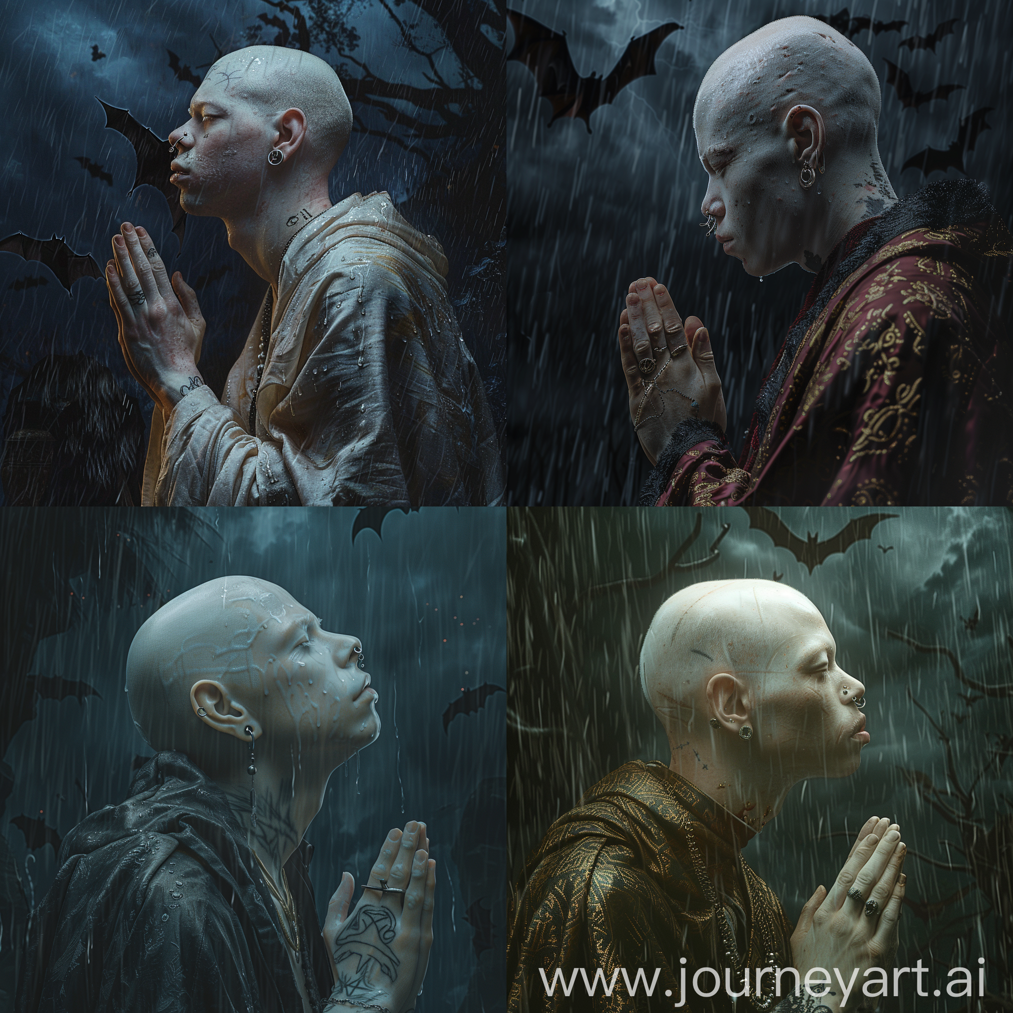 Bald albino man with nose piercings, praying, wearing sorcerer robes, rainy weather, at dark place, midnight, bats flying, dark eerie, dramatic lighting