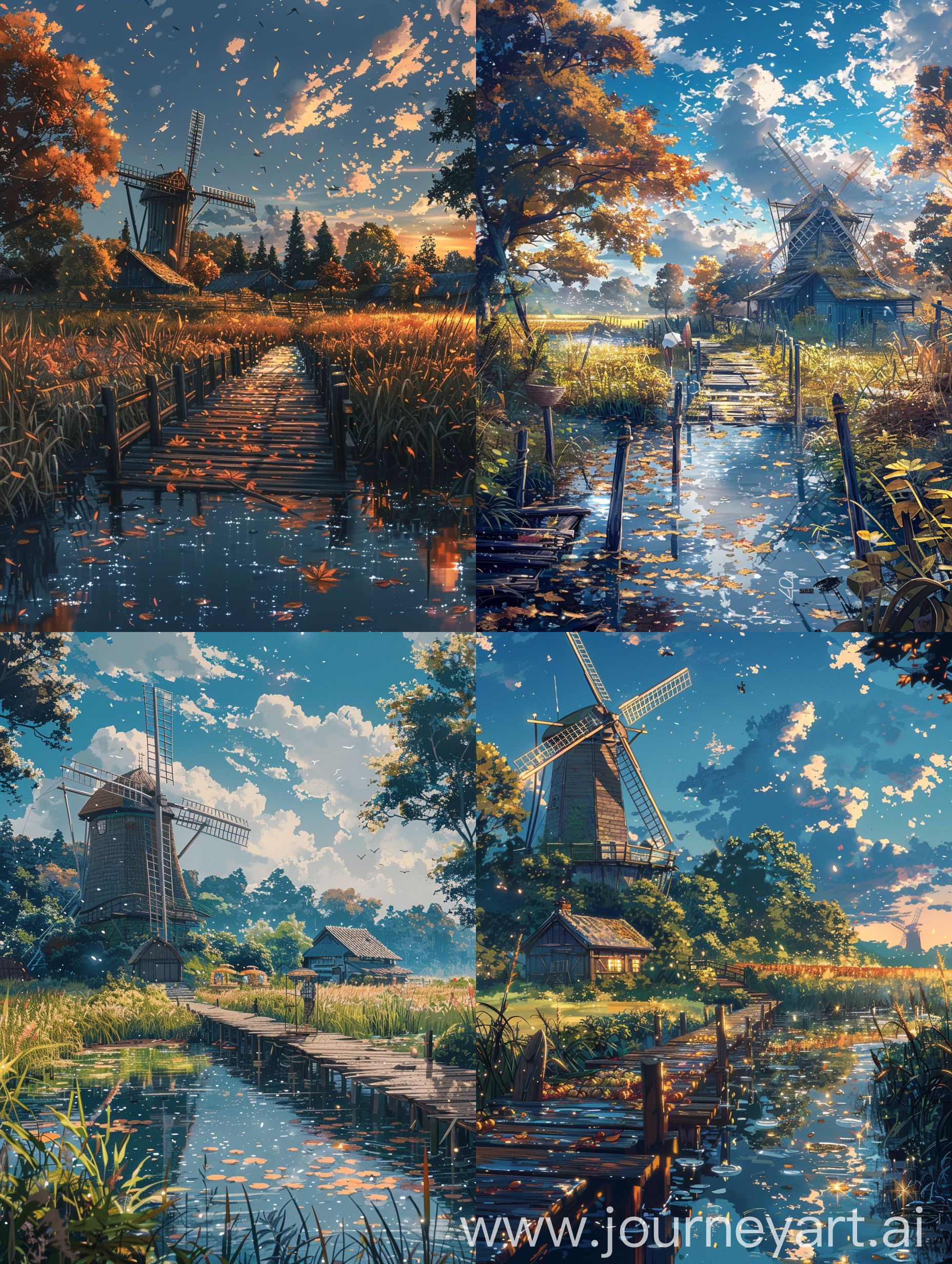 Beautiful anime scenary, mokoto shinkai style, beautiful countryside wind mill, harvest festival, beautiful farm, small water pond, pier , morning time, glistening atmosphere, illustration, anime style ultra HD,high quality, sharp details, no hyperrealistic
--ar 9:16  --s 400
