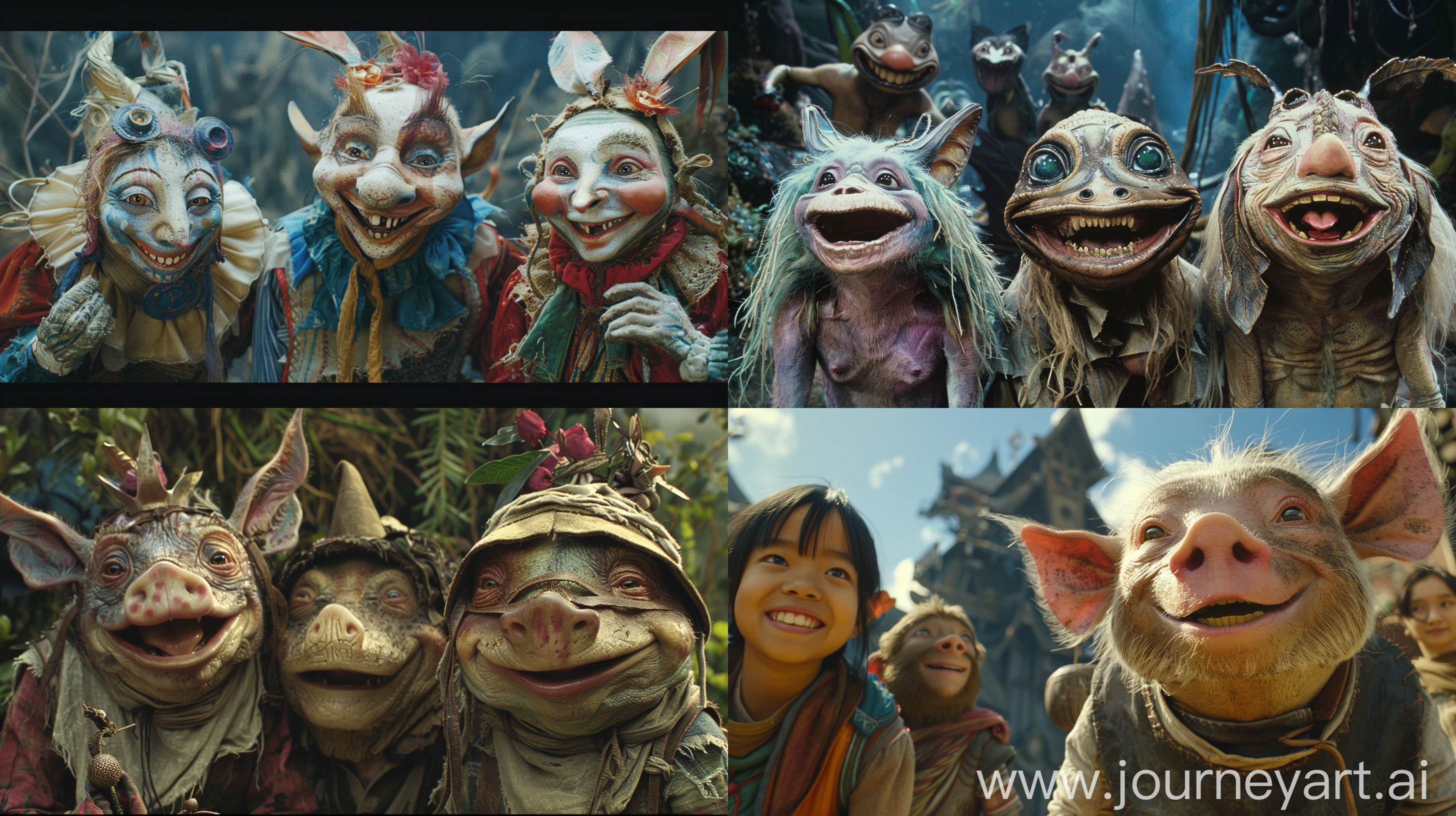 Cinematic film still of happy anamorphic characters from a fairytale movie that doesn't exist if it was, made in the style of Jean Giraud (Moebius)::  illustration, cartoon::-0.8 photo::0.8  --v 6.0 --style raw --ar 16:9 --s 130