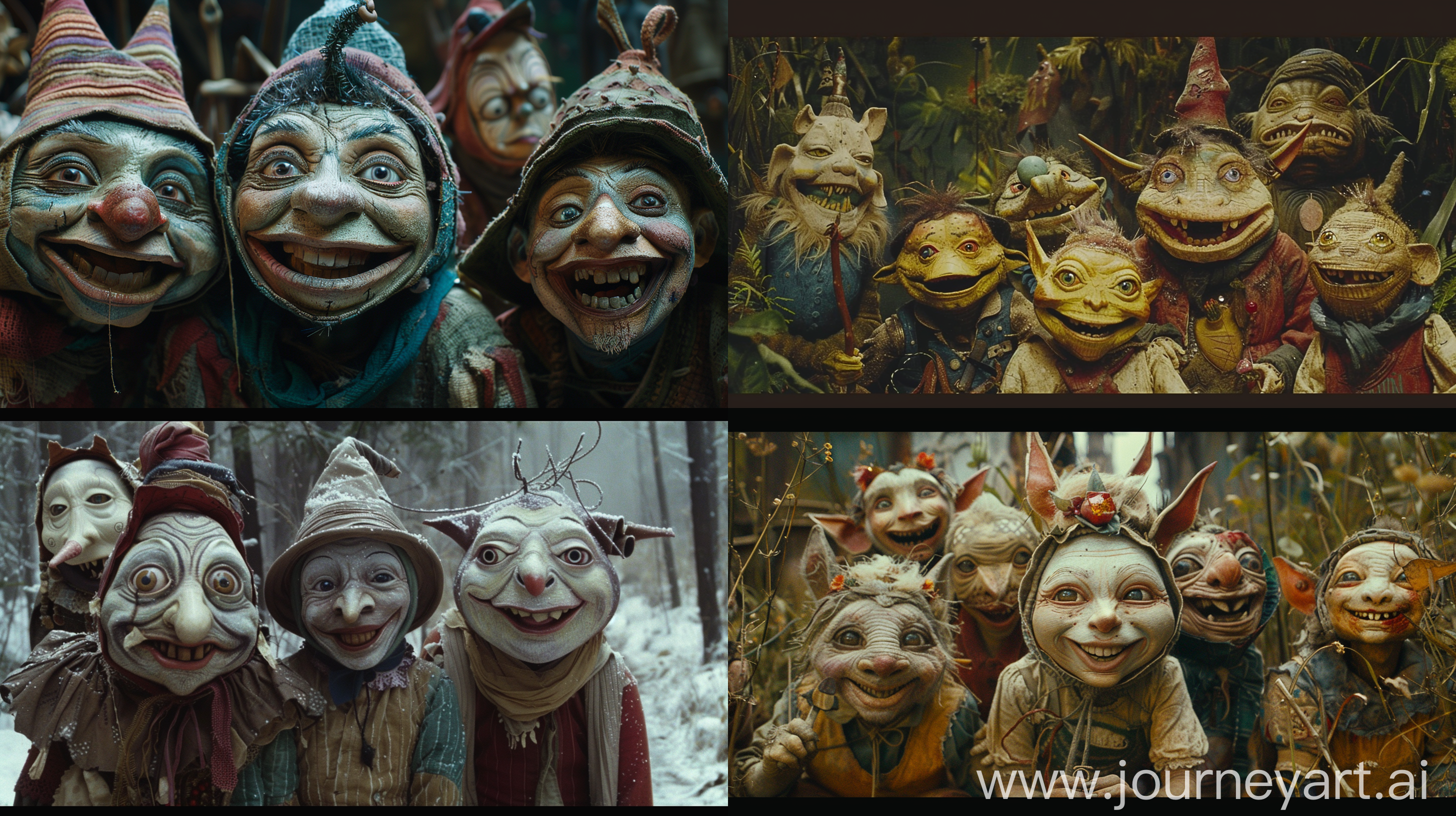 Cinematic film still of happy anamorphic characters from a fairytale movie that doesn't exist if it was, made in the style of Jean Giraud (Moebius):: illustration, cartoon::-0.8 photo::0.8 --v 6.0 --style raw --ar 16:9 --s 130