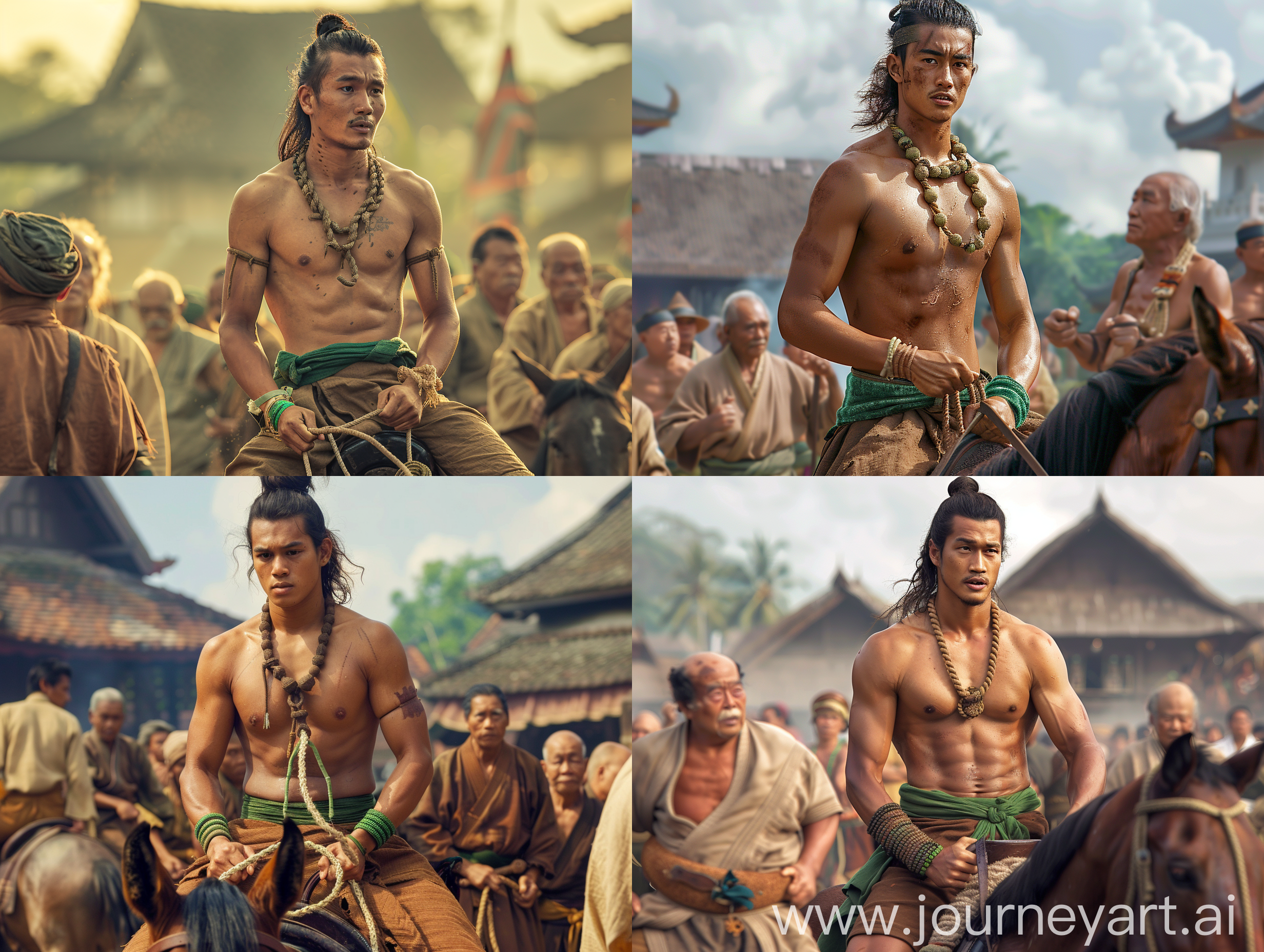 Cinematic, film style, 30 year old Indonesian man with square and clean face, long hair in a small bun, stocky body, riding a horse, wearing a rope necklace, green cloth bracelet, brown shorts, green cloth belt, strappy sandals, practicing martial arts with old men, around the kingdom, during the day. Very detailed, movie style, very real, ultra HD