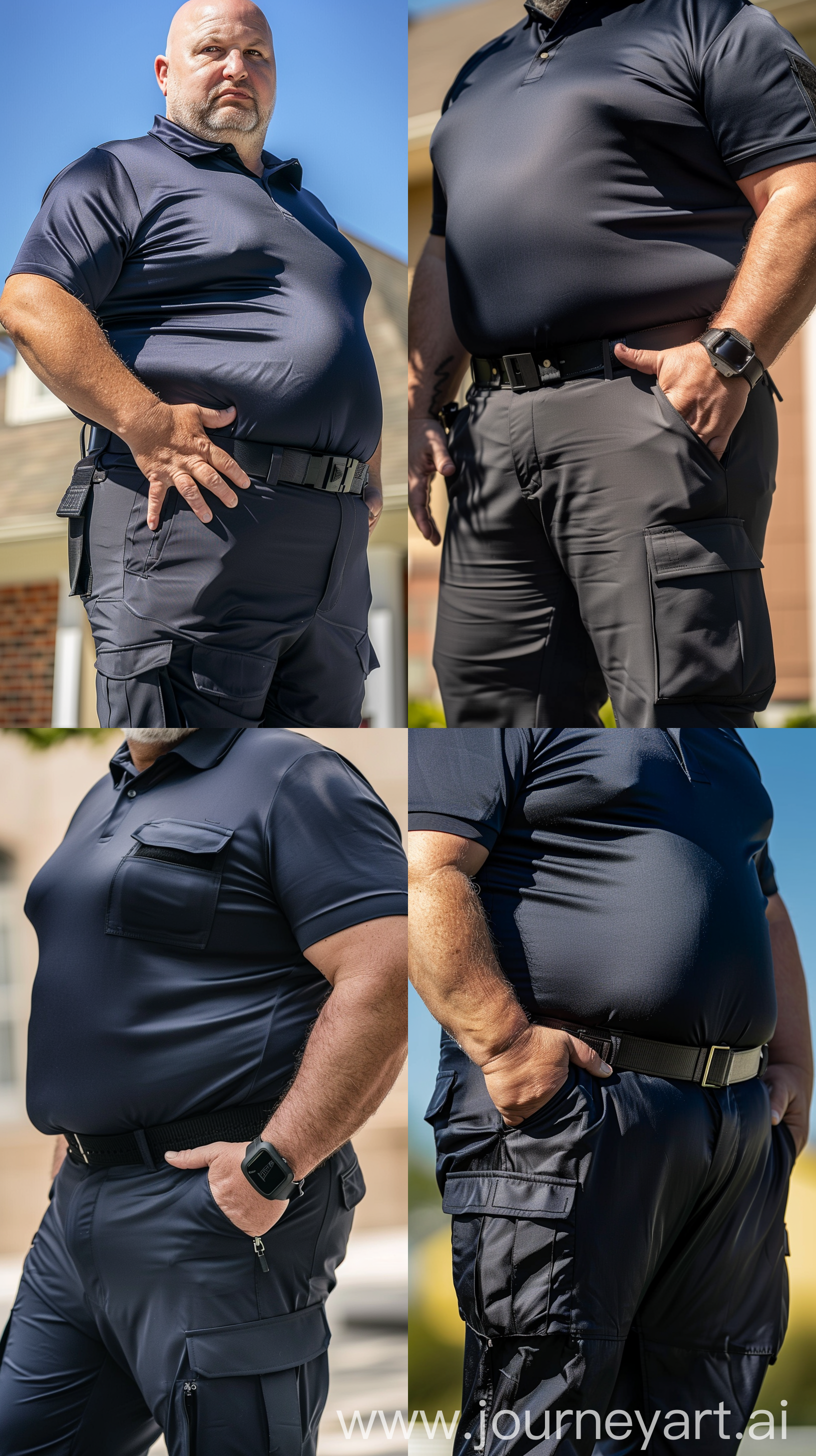 Close-up full body photo of a fat man aged 60 wearing a silk navy slim-fitted battle pants and a tucked in silk navy sport polo. Hands fully in pockets. Black tactical belt. Outside. Bald. Clean Shaven. Natural light. --style raw --ar 9:16