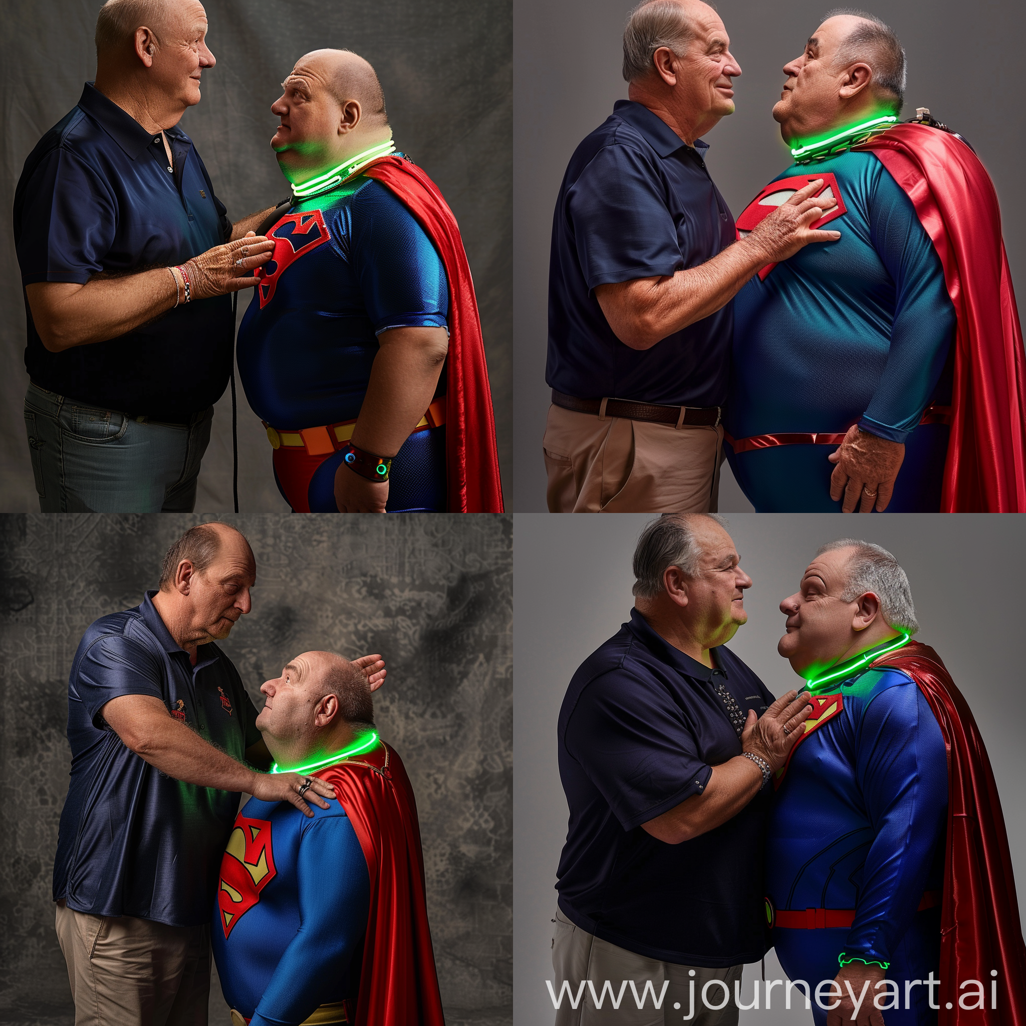 Close-up photo of a very fat and taller man aged 60 wearing a silk navy polo shirt placing his hand on the chest of a very fat man aged 60 wearing a tight blue superman costume with a red cape and green glowing neon dog collar on the neck