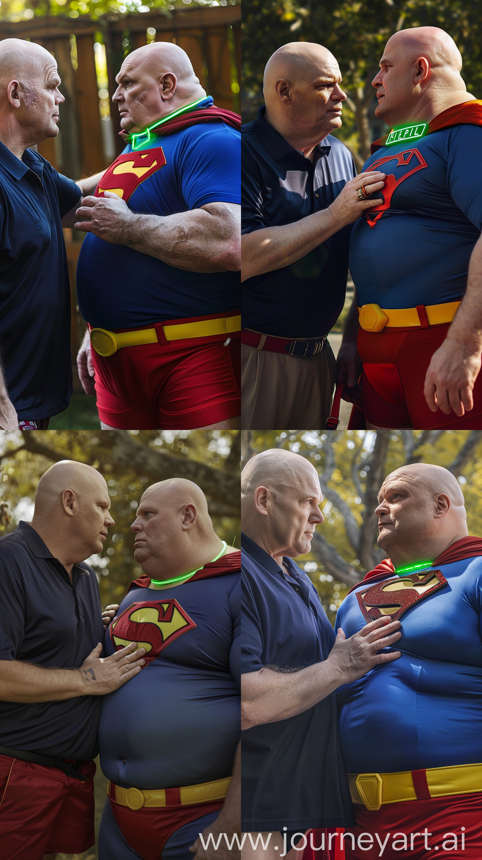 Close-up photo of a very hard very fat and taller man aged 60 wearing a silk navy polo shirt placing his hand on the chest of a very fat man aged 60 wearing a tight blue superman costume with a red cape, red trunks, yellow belt and green glowing neon dog collar on the neck. Outside. Bald. Clean Shaven. Natural light. --ar 9:16
