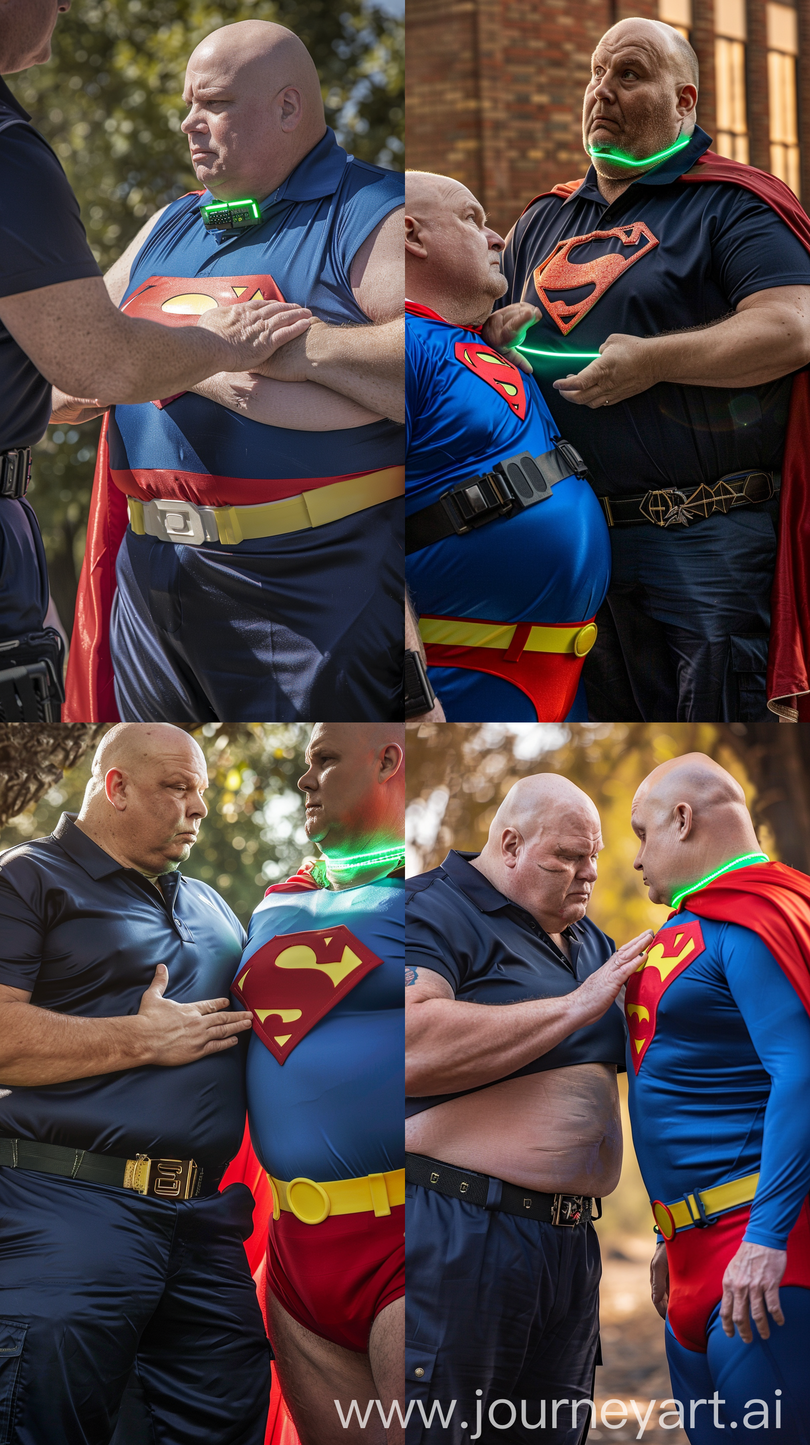 Close-up photo of a very serious very fat and taller man aged 60 wearing a silk navy slim-fitted battle pants and a tucked in silk navy sport polo and a black tactical belt placing his hand on the chest of a very fat man aged 60 wearing a tight blue superman costume with a red cape, red trunks, yellow belt and green glowing neon dog collar on the neck. Outside. Bald. Clean Shaven. Natural light. --ar 9:16