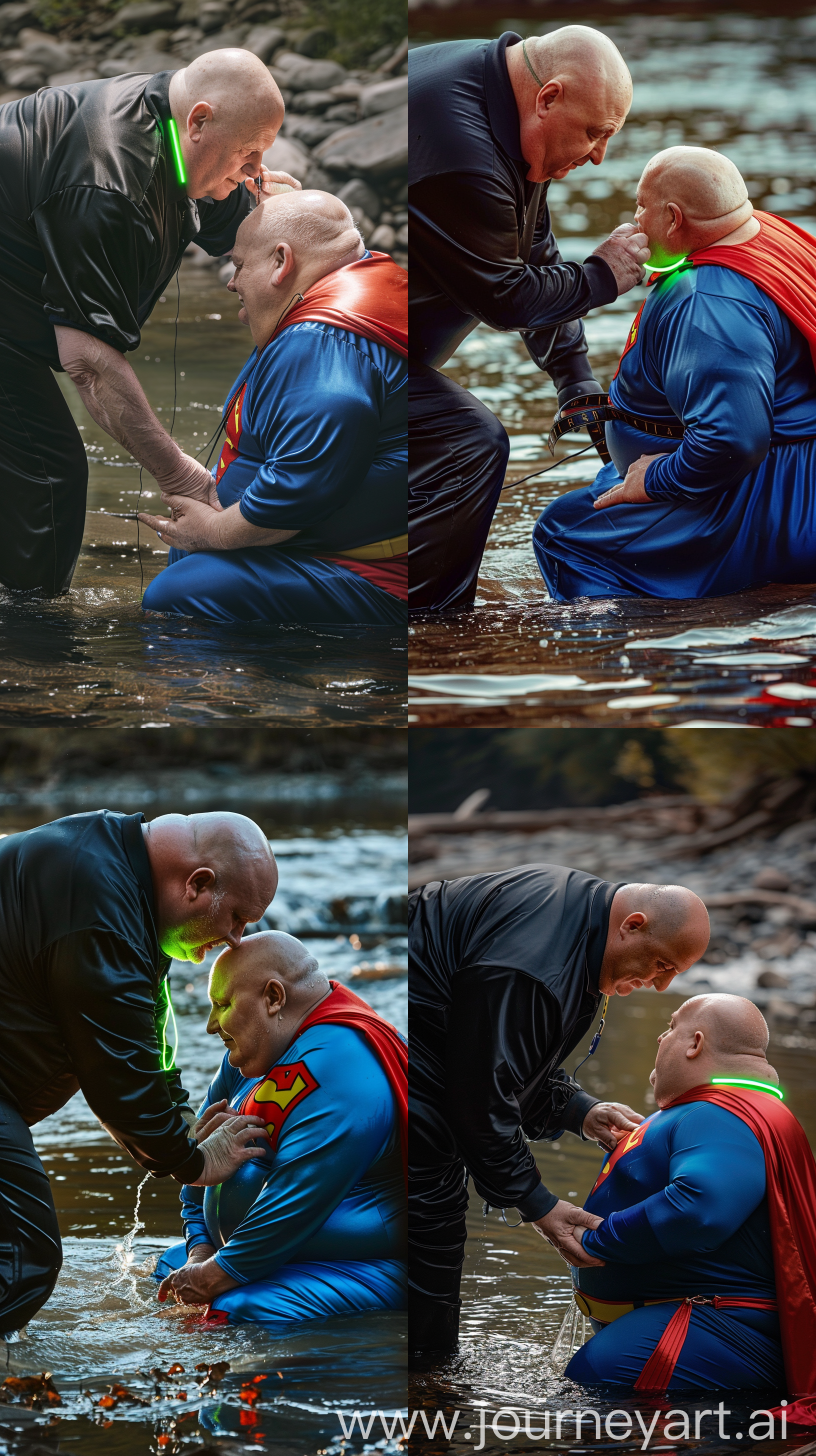 Close-up photo of two  fat men aged 60. The first man is wearing silk black tracksuit pants and a silk sport polo, bending and putting a tight green glowing neon dog collar on the nape of the second fat man aged 60 wearing a tight blue  superman jumpsuit with a red cape sitting in the water. River. Bald. Clean Shaven. Natural light. --ar 9:16