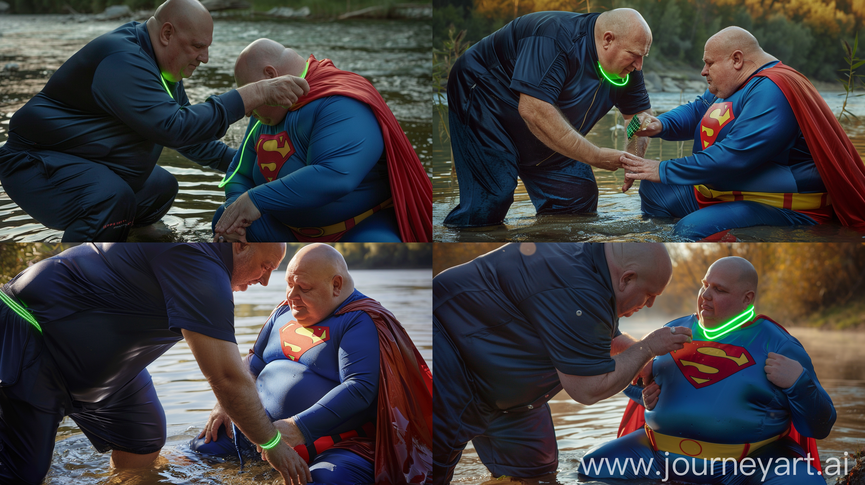 Close-up photo of two fat men aged 60. The first man is wearing silk navy tracksuit pants and a silk sport polo, bending and putting a tight green glowing neon dog collar on the nape of the second fat man aged 60 wearing a tight blue  superman jumpsuit with a red cape sitting in the water. River. Bald. Clean Shaven. Natural light. --ar 16:9