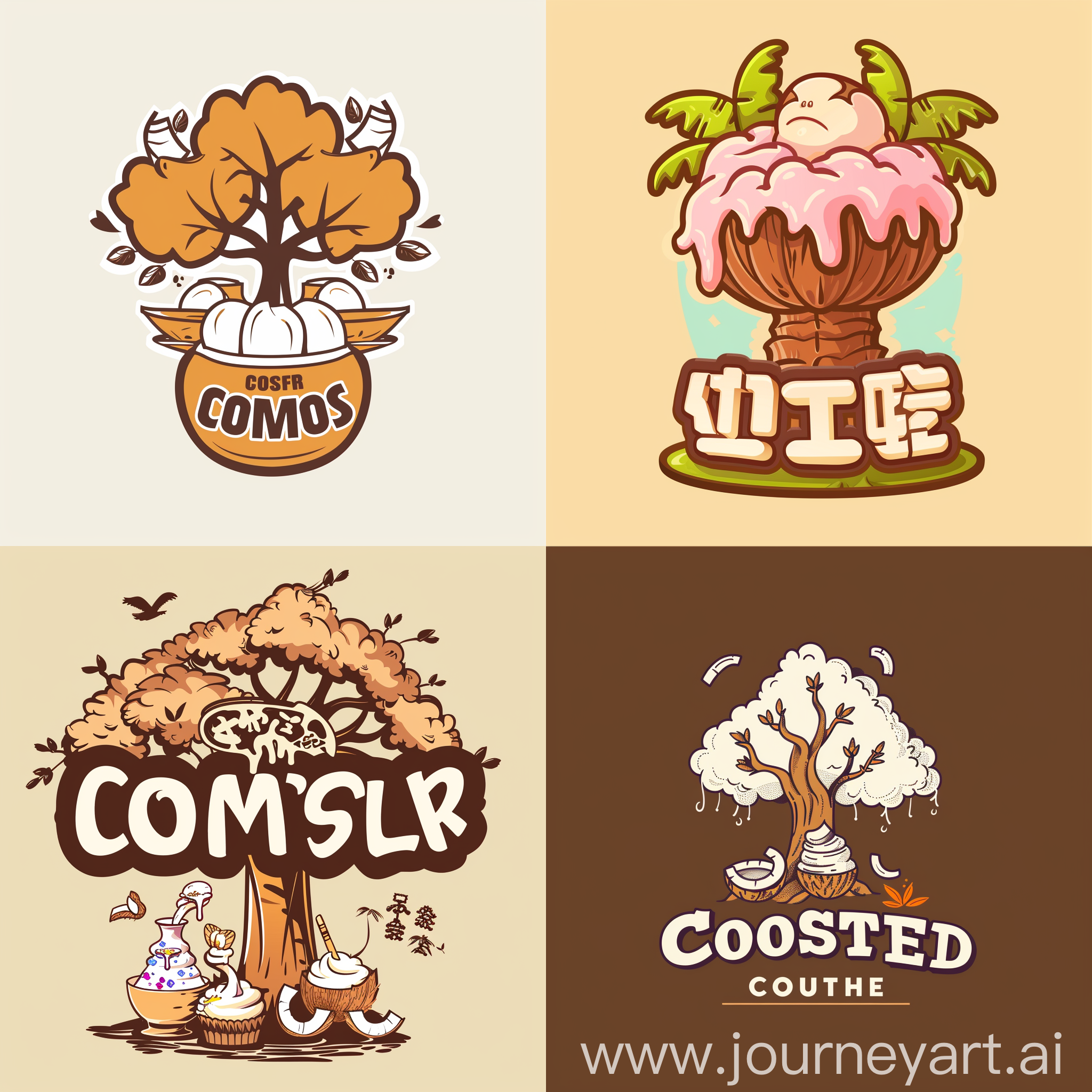 椰甜奶茶甜品店创意logo,要有椰树的概念以及椰子的英文，甜品要有冰淇淋的样子