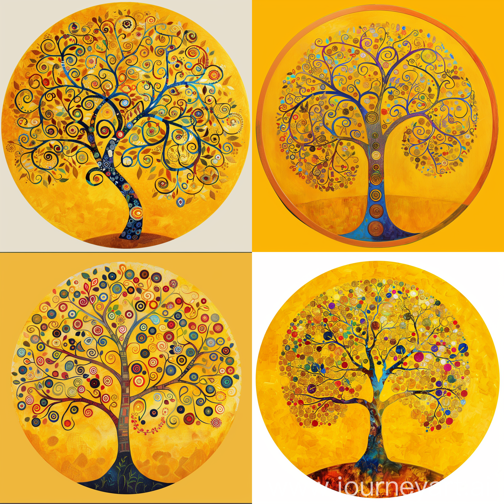 Цветное древо жизни в стиле Климта на жёлтом фоне в кругу 